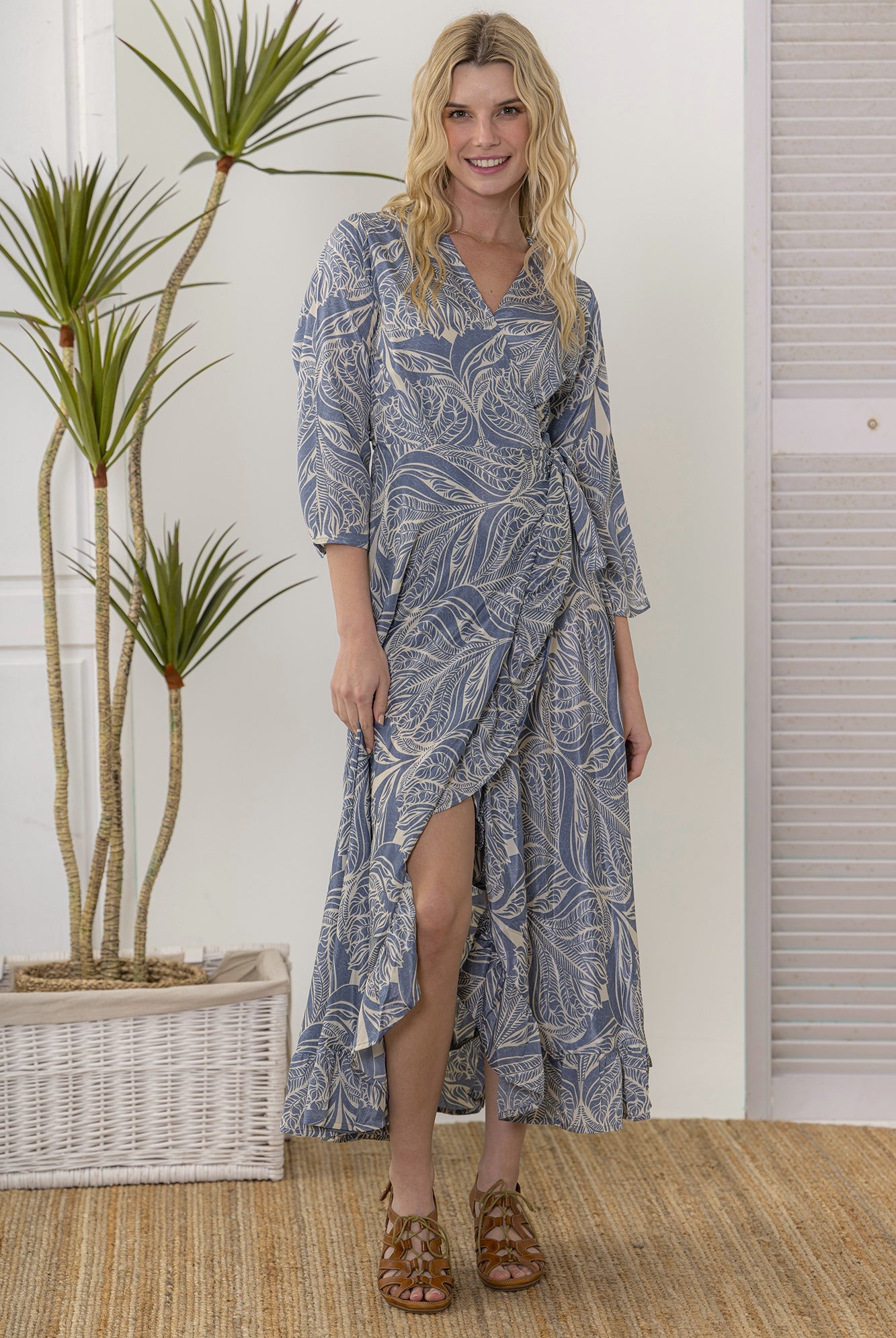 midi wrap dress blue cream print worn by model