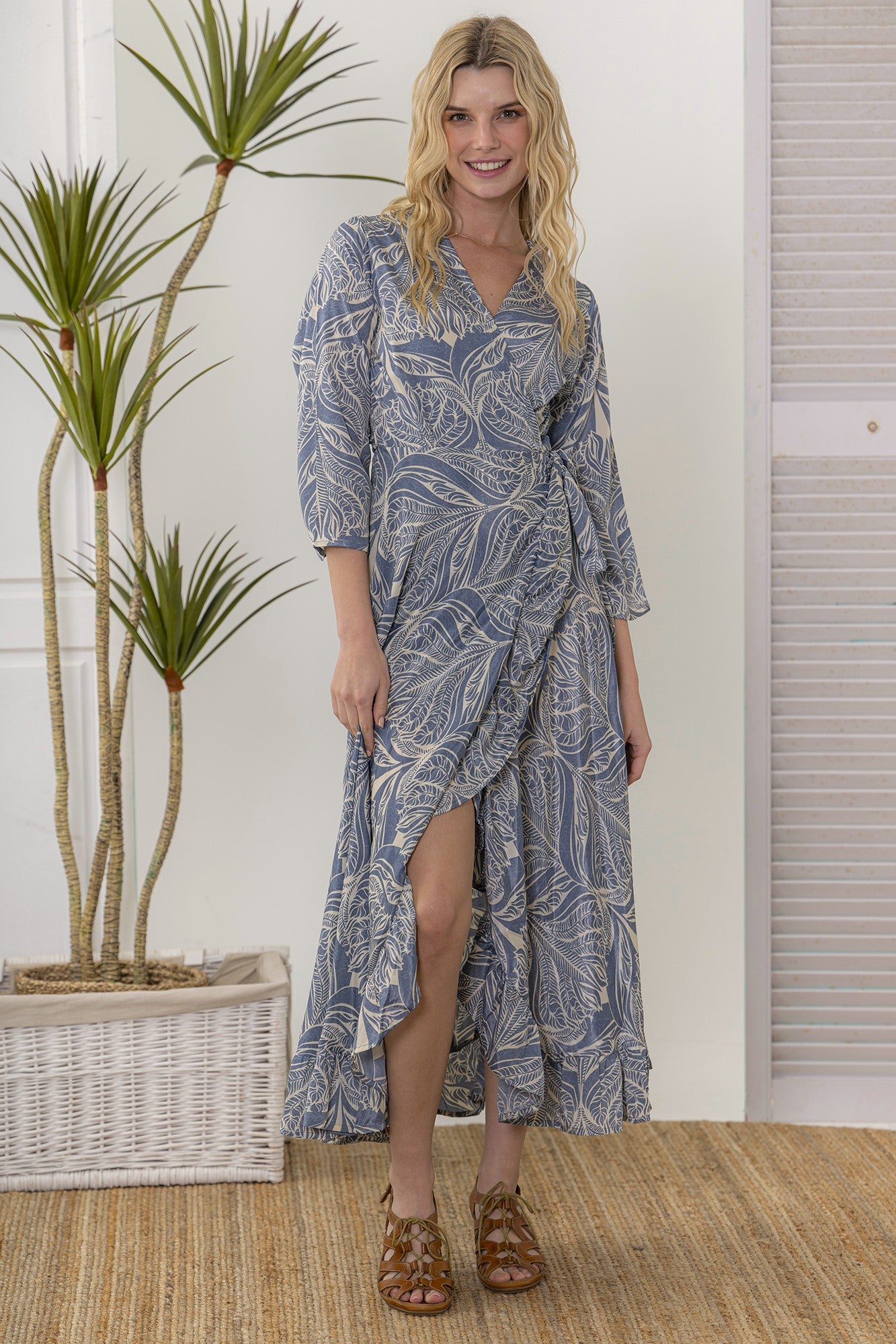 midi wrap dress blue cream print worn by model