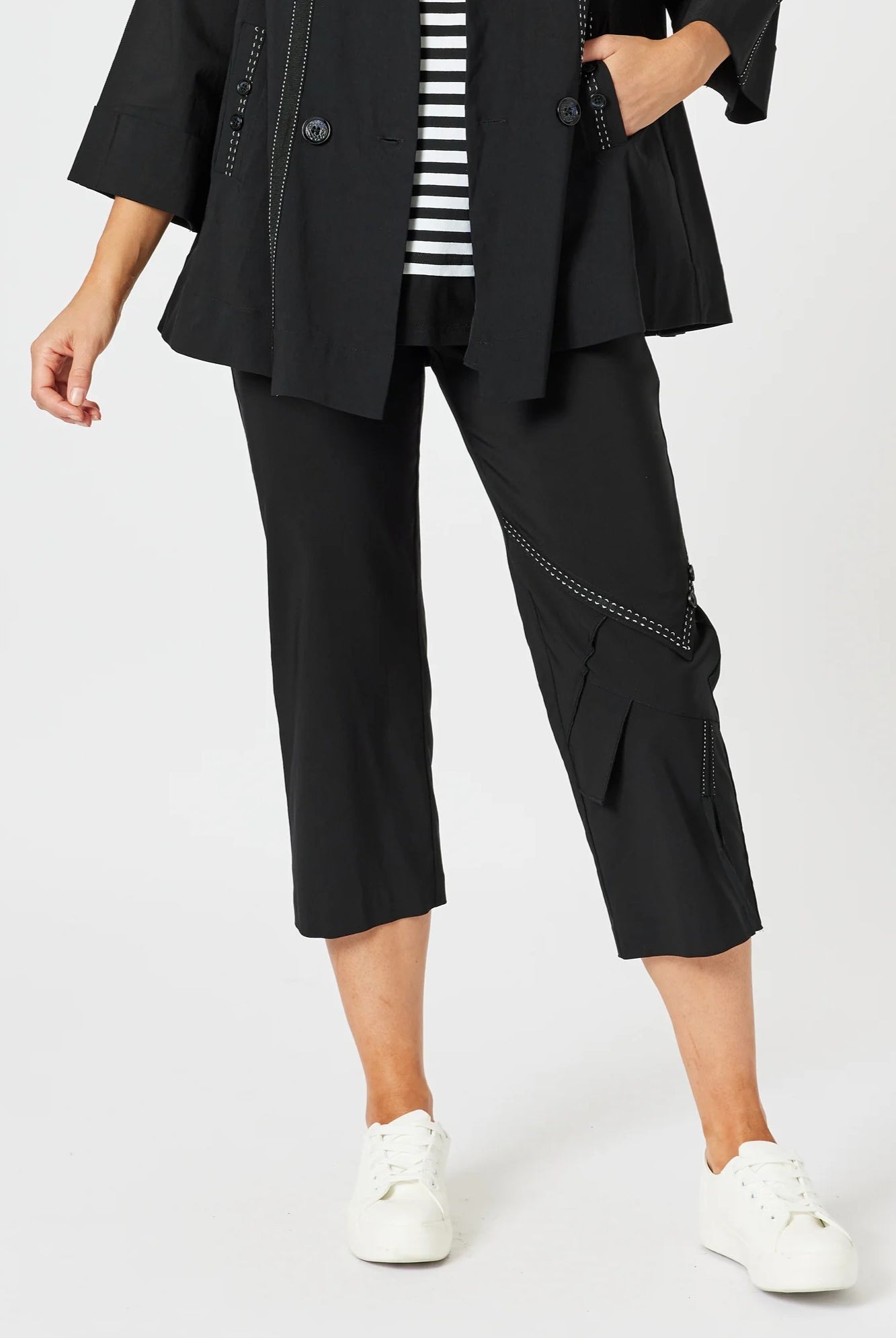 womens cropped black pant with white stitching