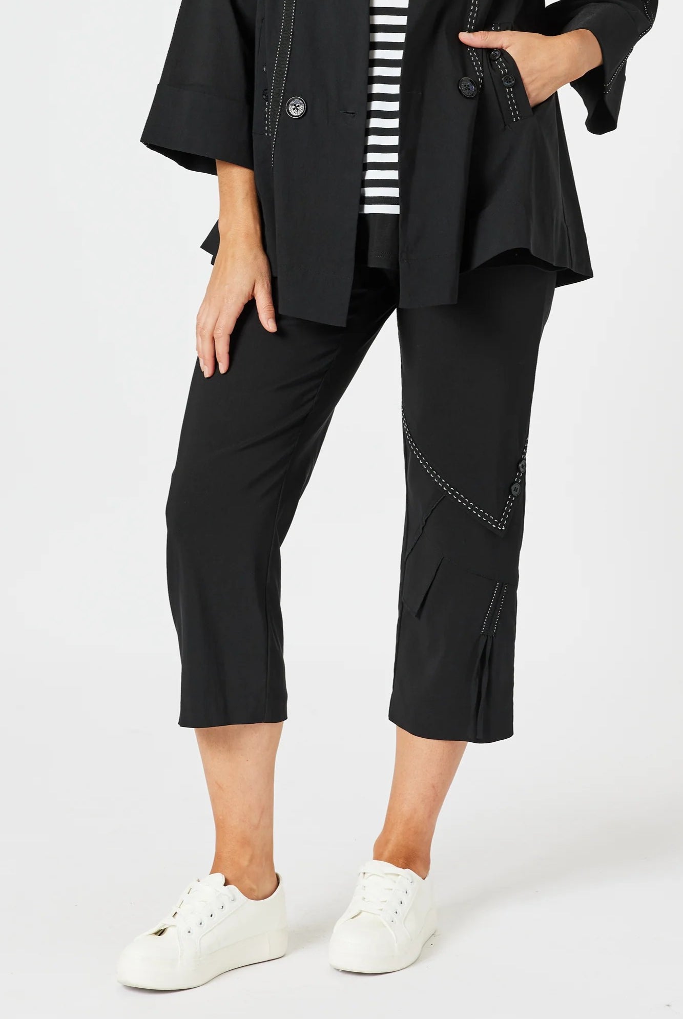 womens cropped black pant with white stitching