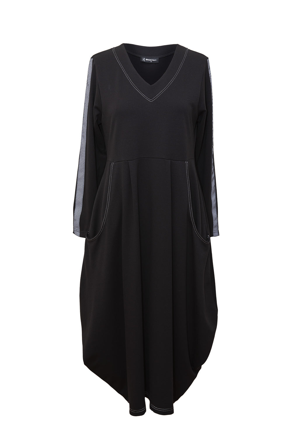 womens midi cocoon shape dress black with contrast stripe long sleeve