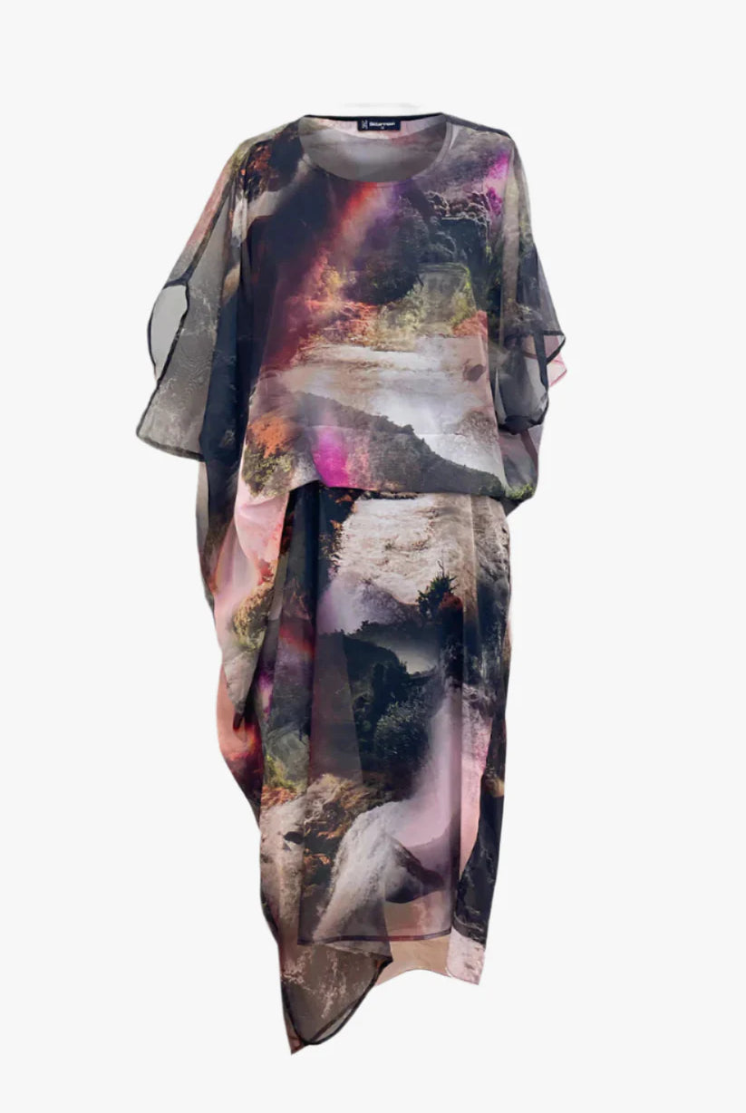Multicolored dress with abstract design on a white background