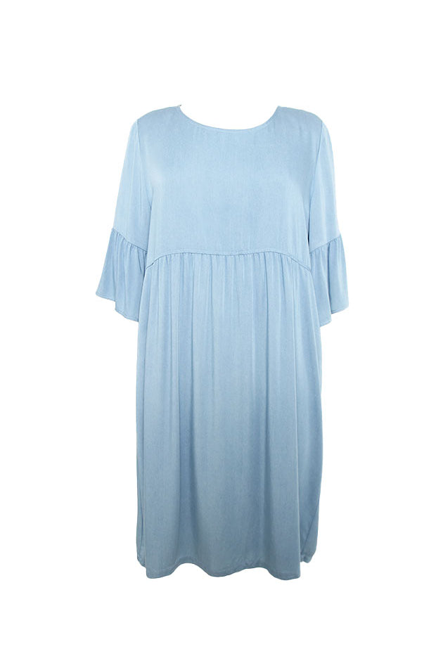 Light blue dress with ruffled sleeves on a white background
