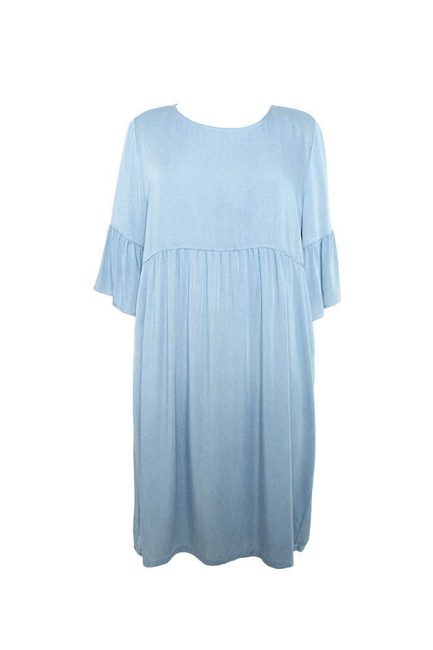 Light blue dress with ruffled sleeves on a white background