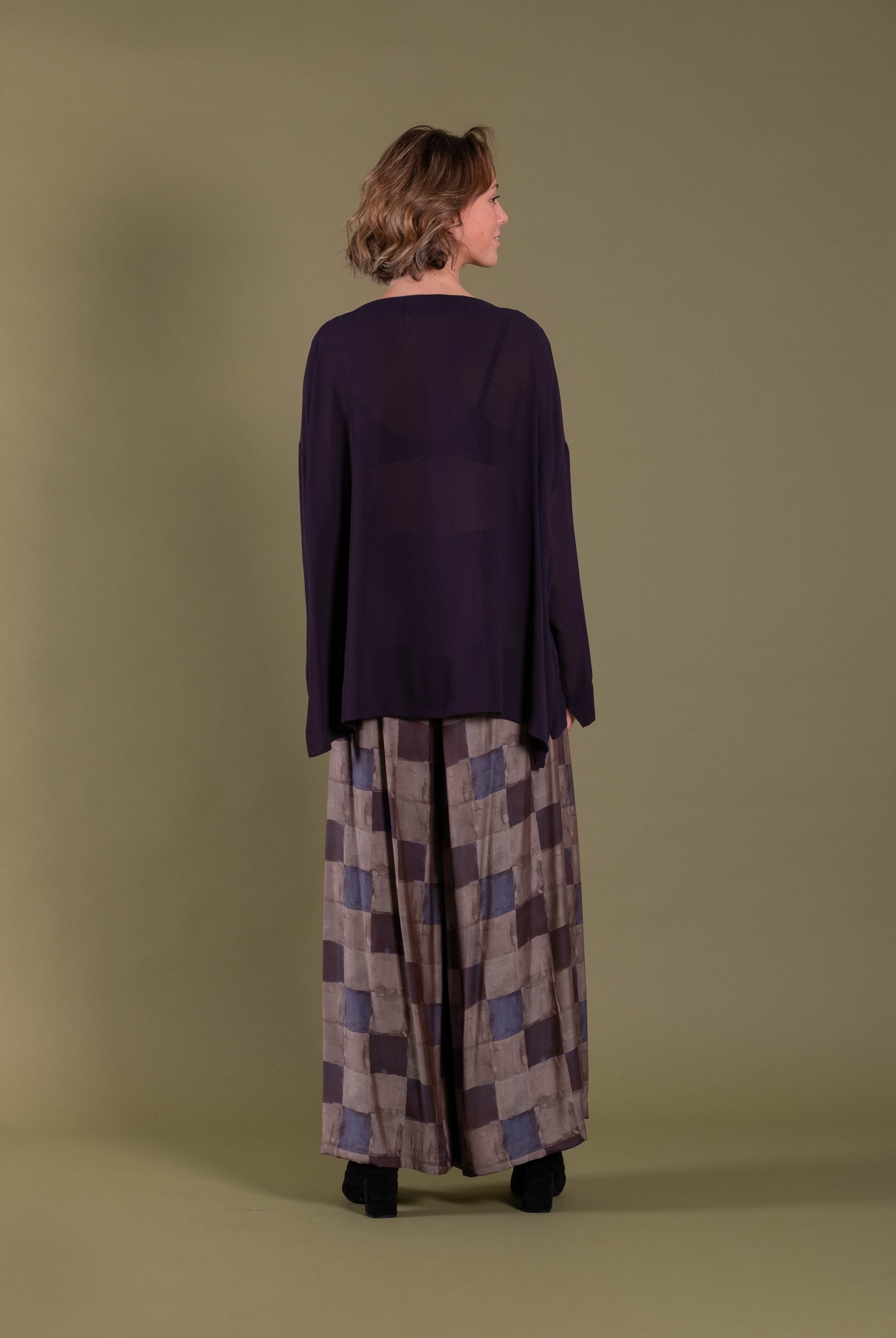 womens wide leg pant patchwork browns back view