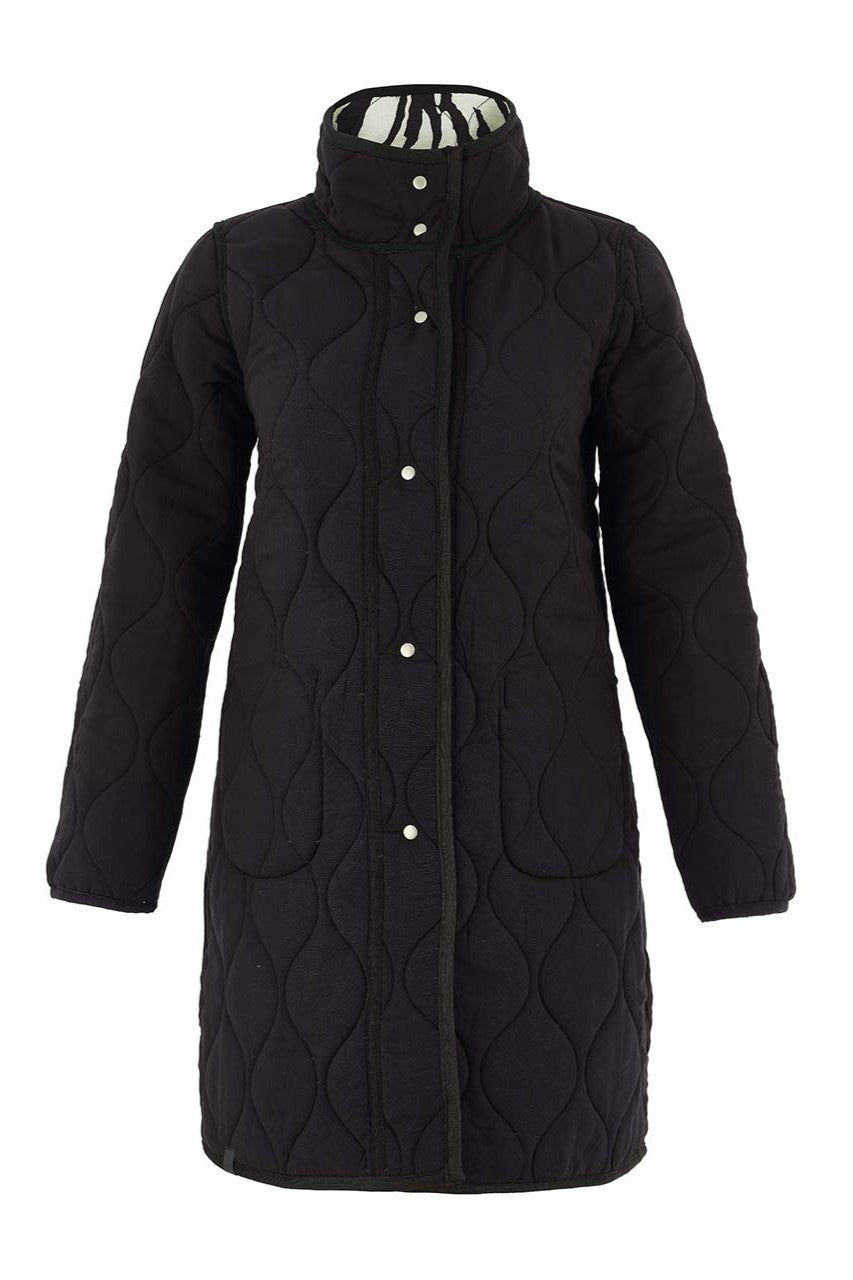 Black quilted coat with white buttons on a white background