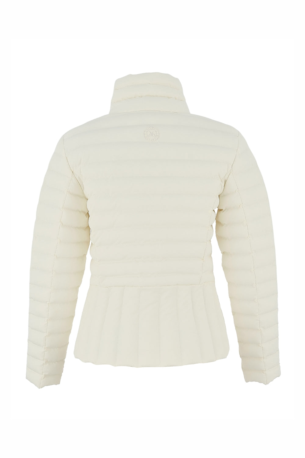 White puffer jacket on a white background back angle