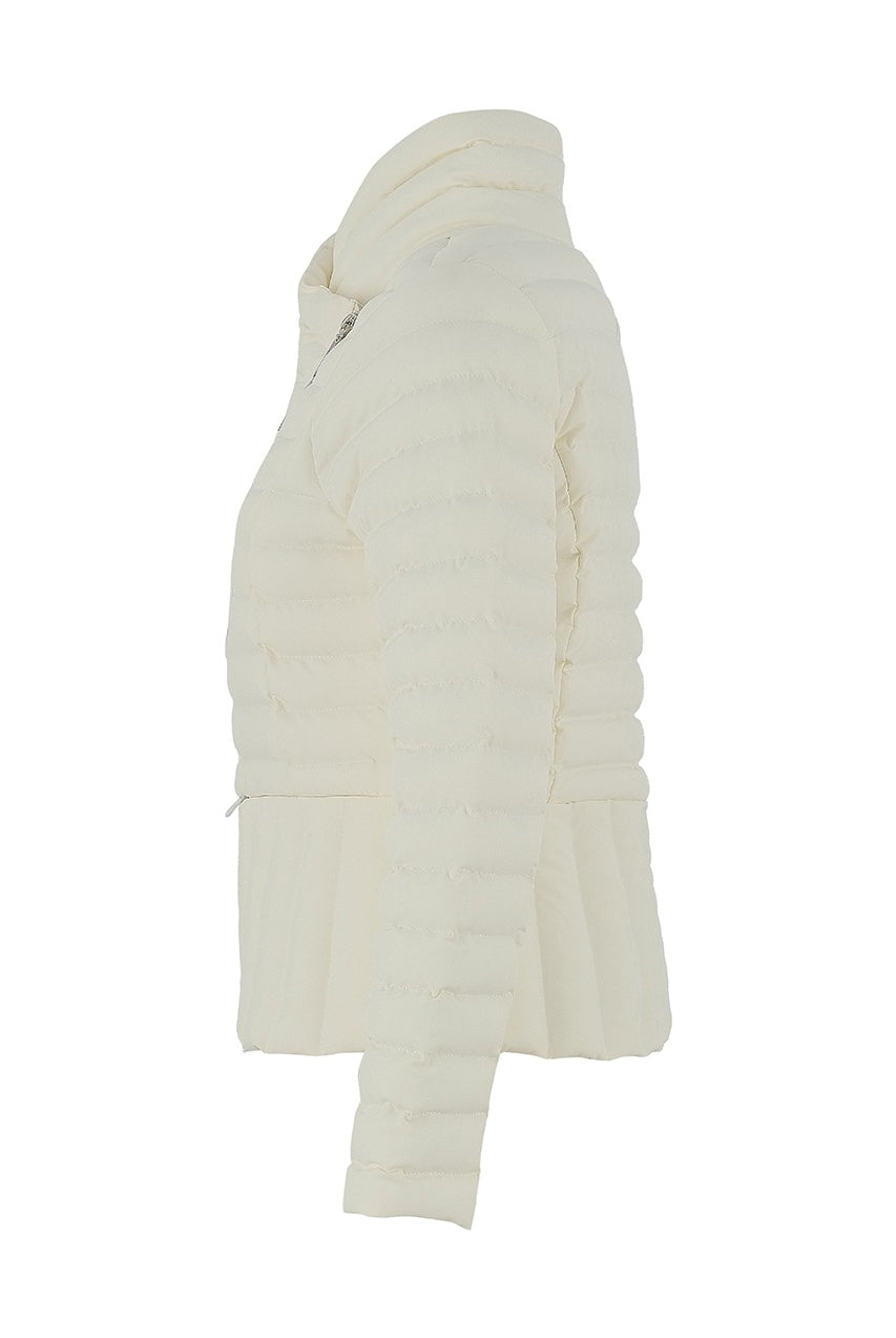 White puffer jacket on a white background side angle