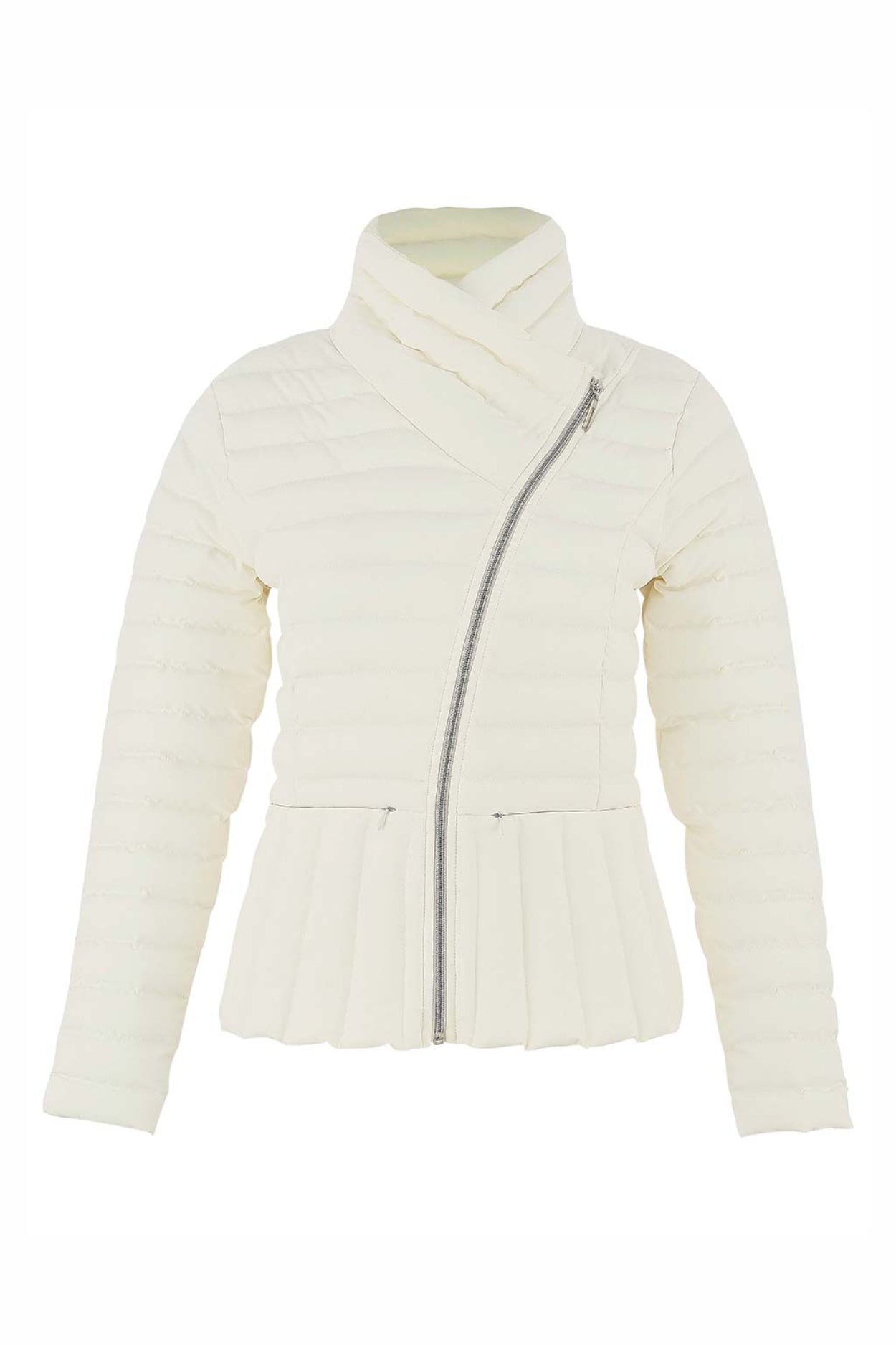 White puffer jacket with a zipper on a white background