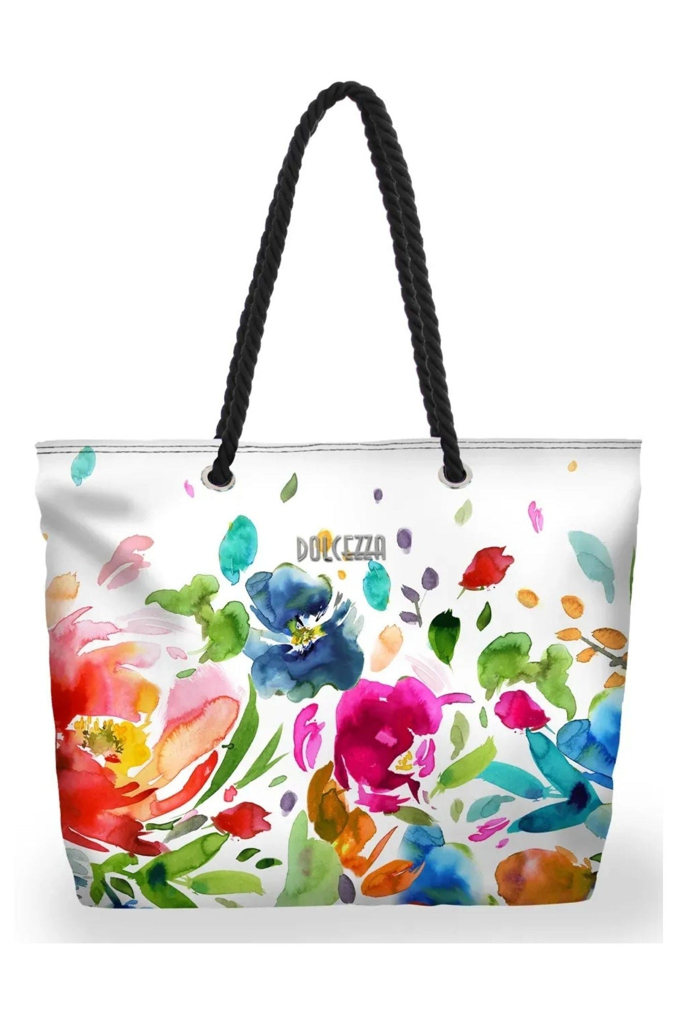 A white tote bag with black rope handles, featuring a vibrant watercolor floral print in red, pink, blue, green, and orange. The brand name 'DOLCEZZA' is printed in gold near the center.