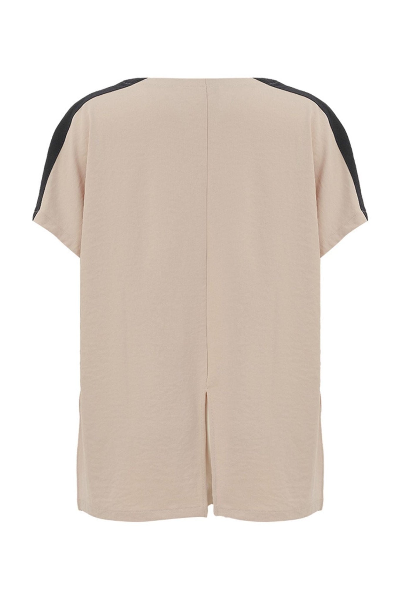 A beige short-sleeve top shown from the back, featuring black contrast panels along the shoulders and a central back slit.