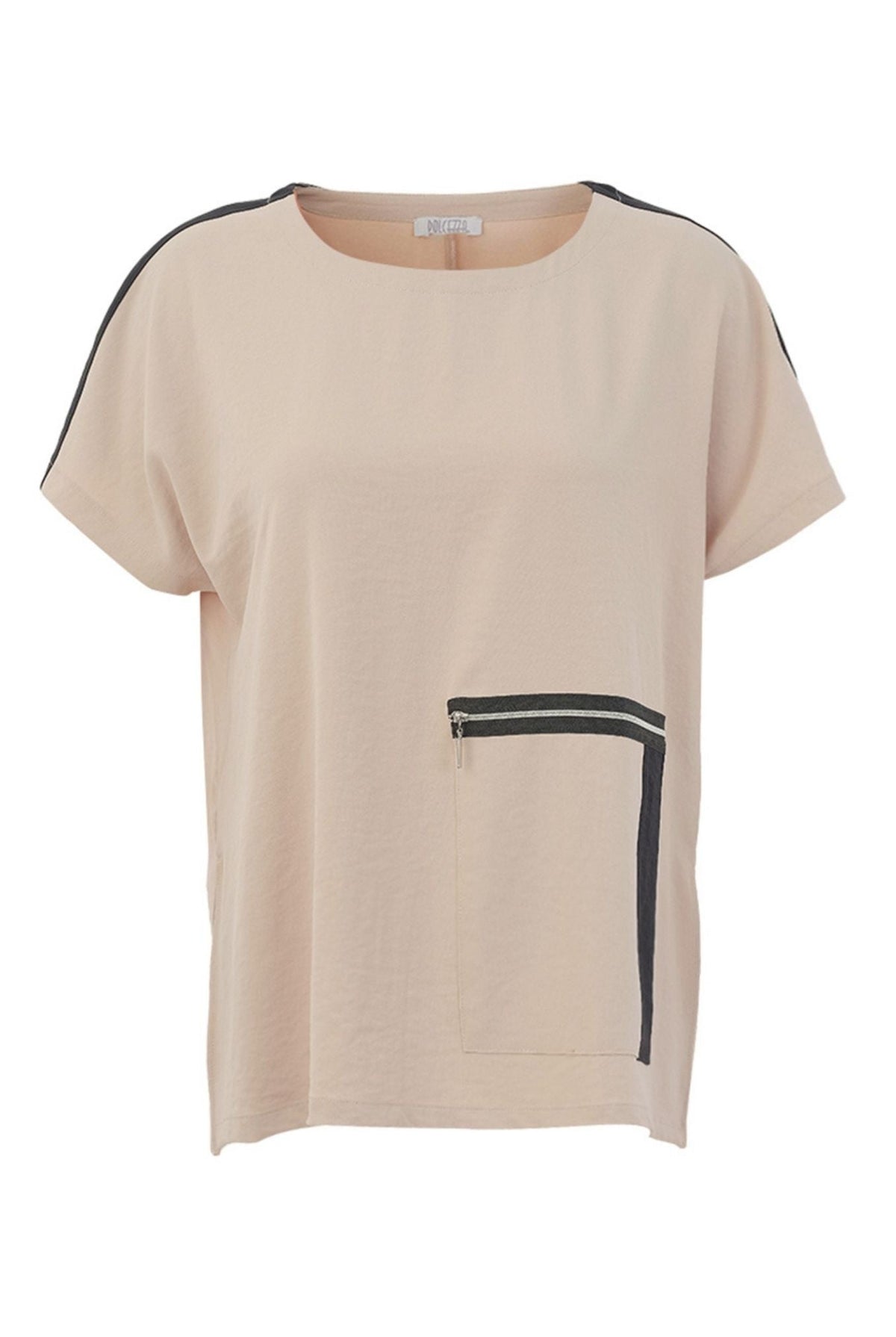 A short-sleeve beige top with black stripe details running along the shoulders and a vertical stripe accent near the front pocket, shown on a plain white background.