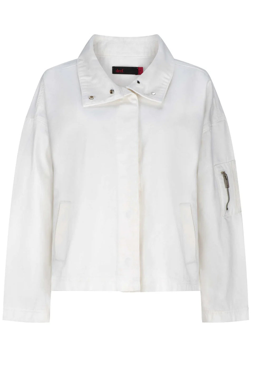 White jacket with a brand label on a white background