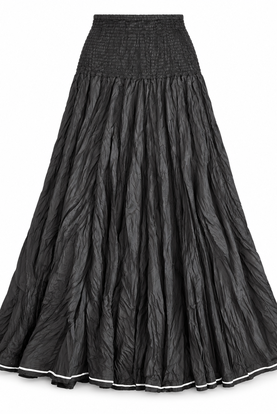 A black crinkled cotton maxi skirt with a smocked elastic waistband and a thin white piping trim along the hem, shown against a plain white background.