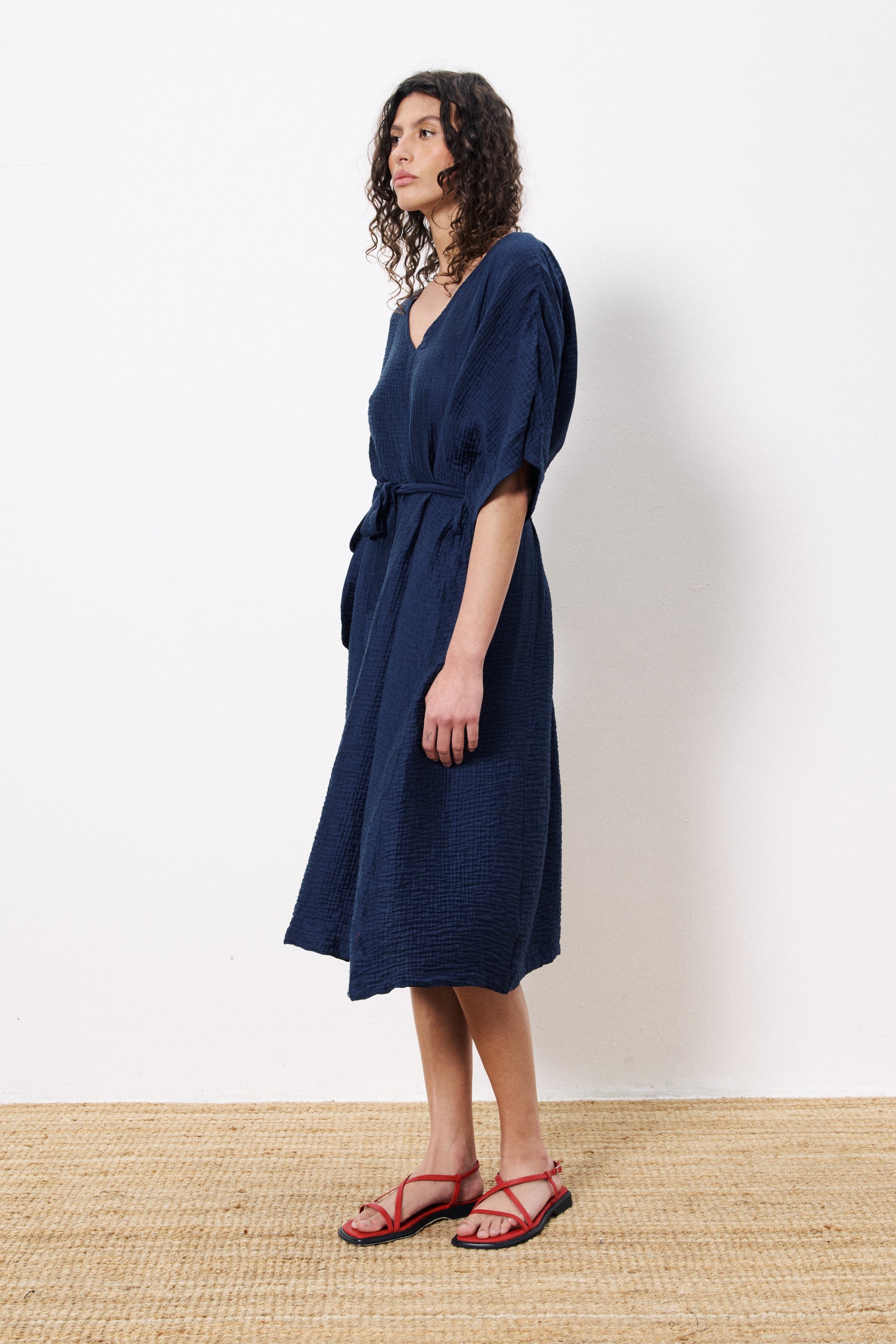 navy midi dress tie waist worn by model