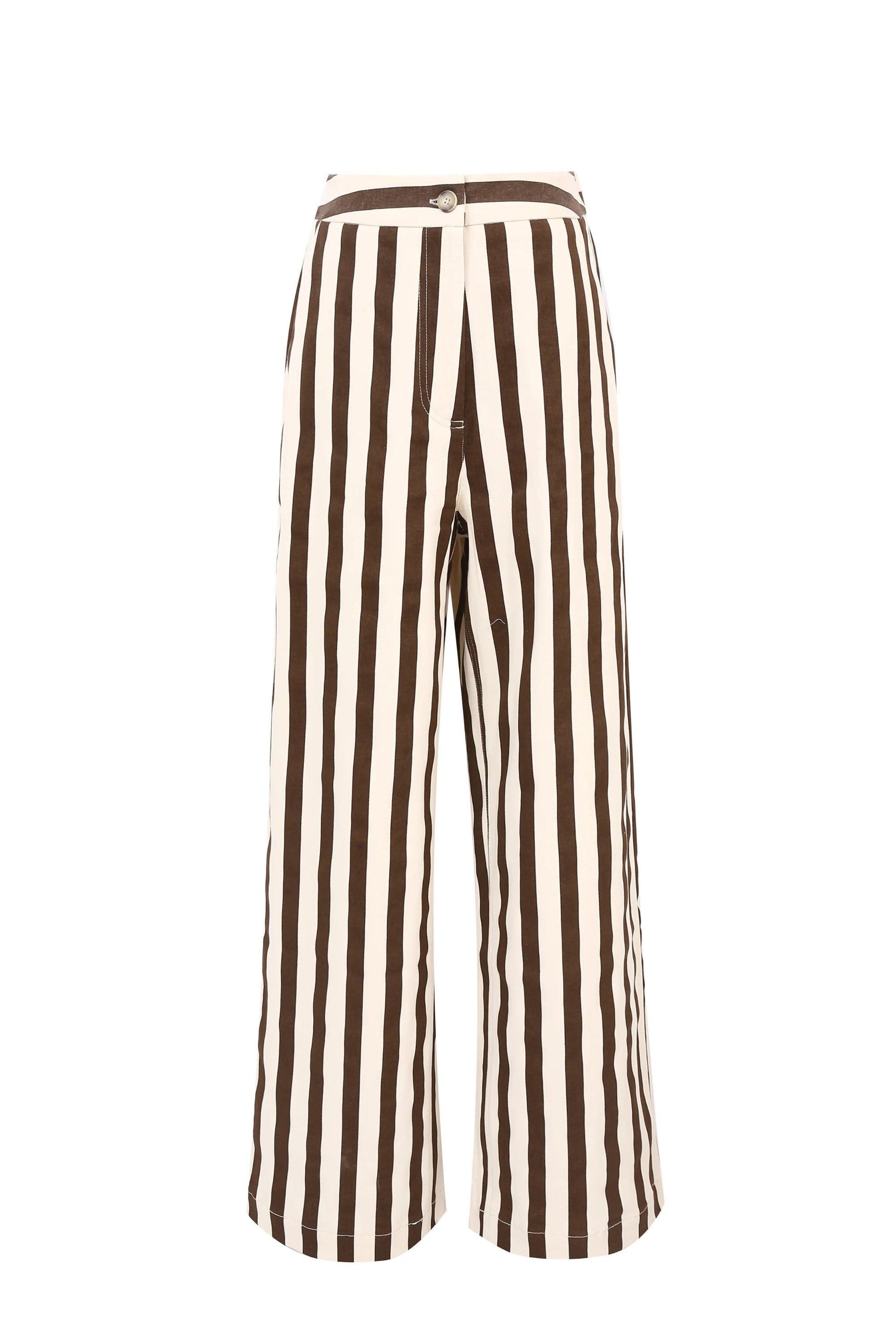Brown and white striped pants on a white background