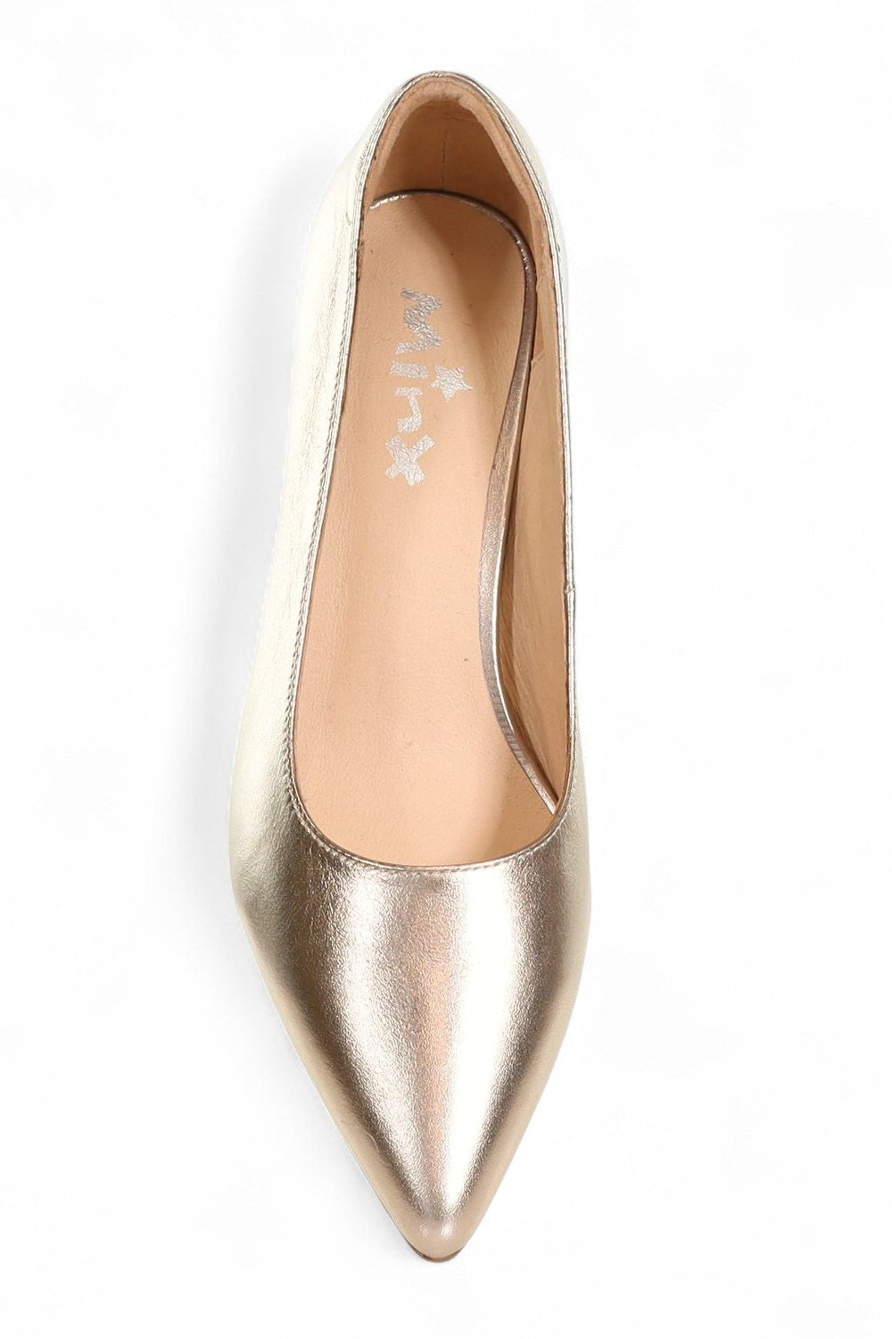 Gold pointed-toe flat shoe on a white background