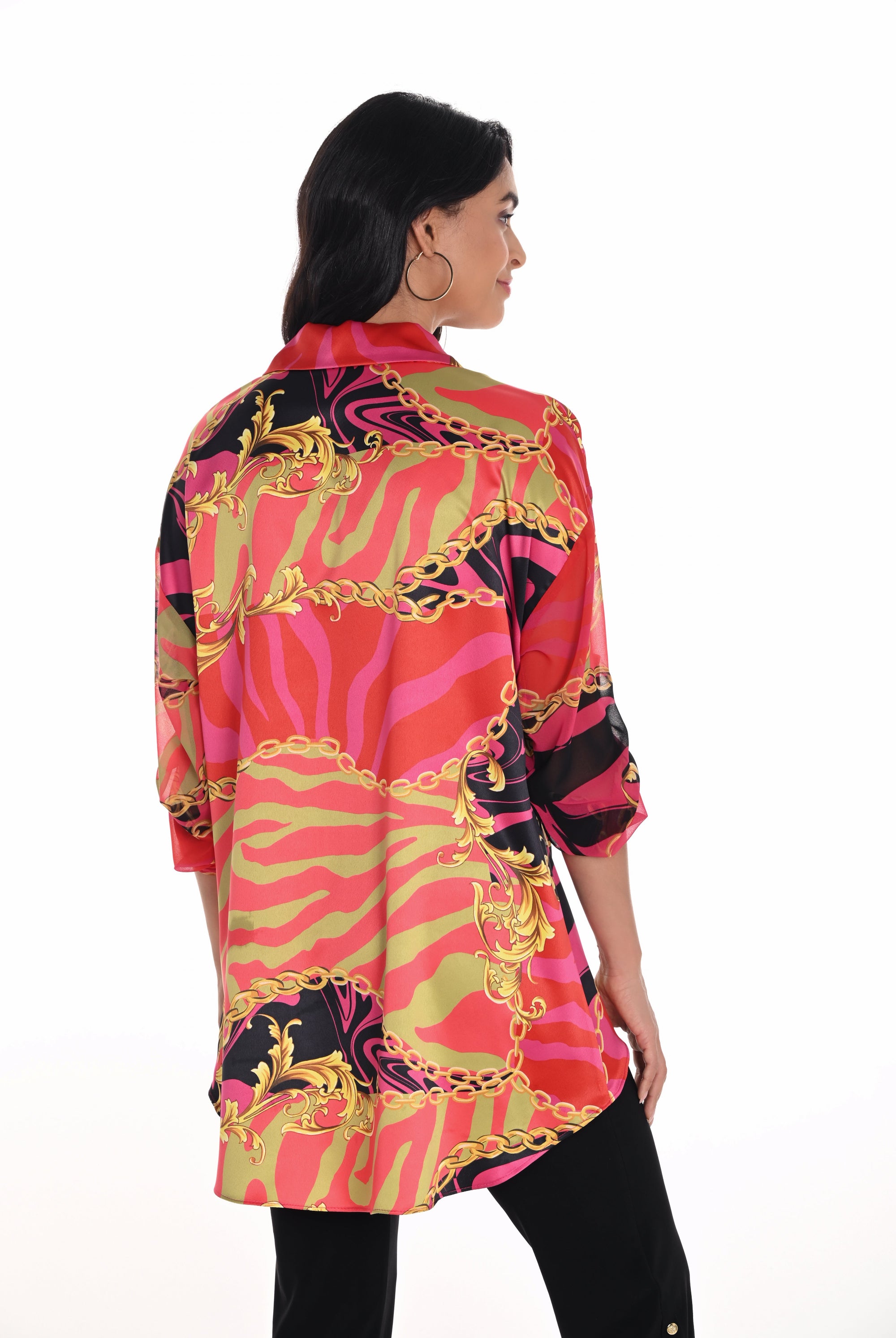 womens relaxed fit shirt pink red with gold chain design worn by model back view
