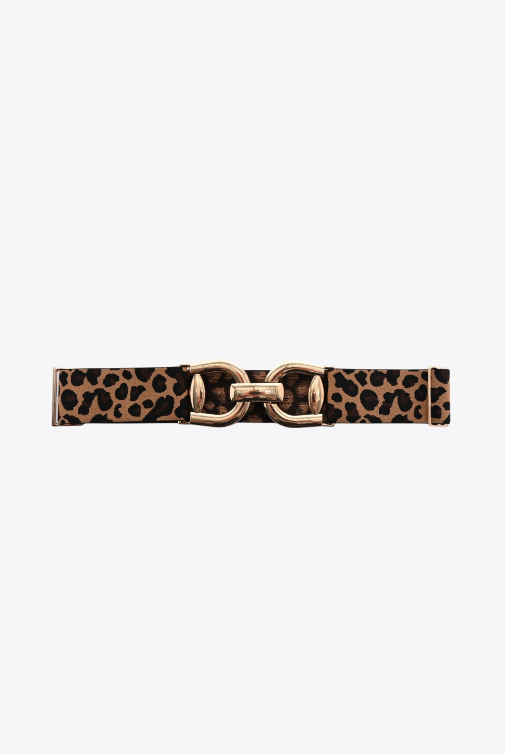 elasticated cheetah print belt with statement gold buckle