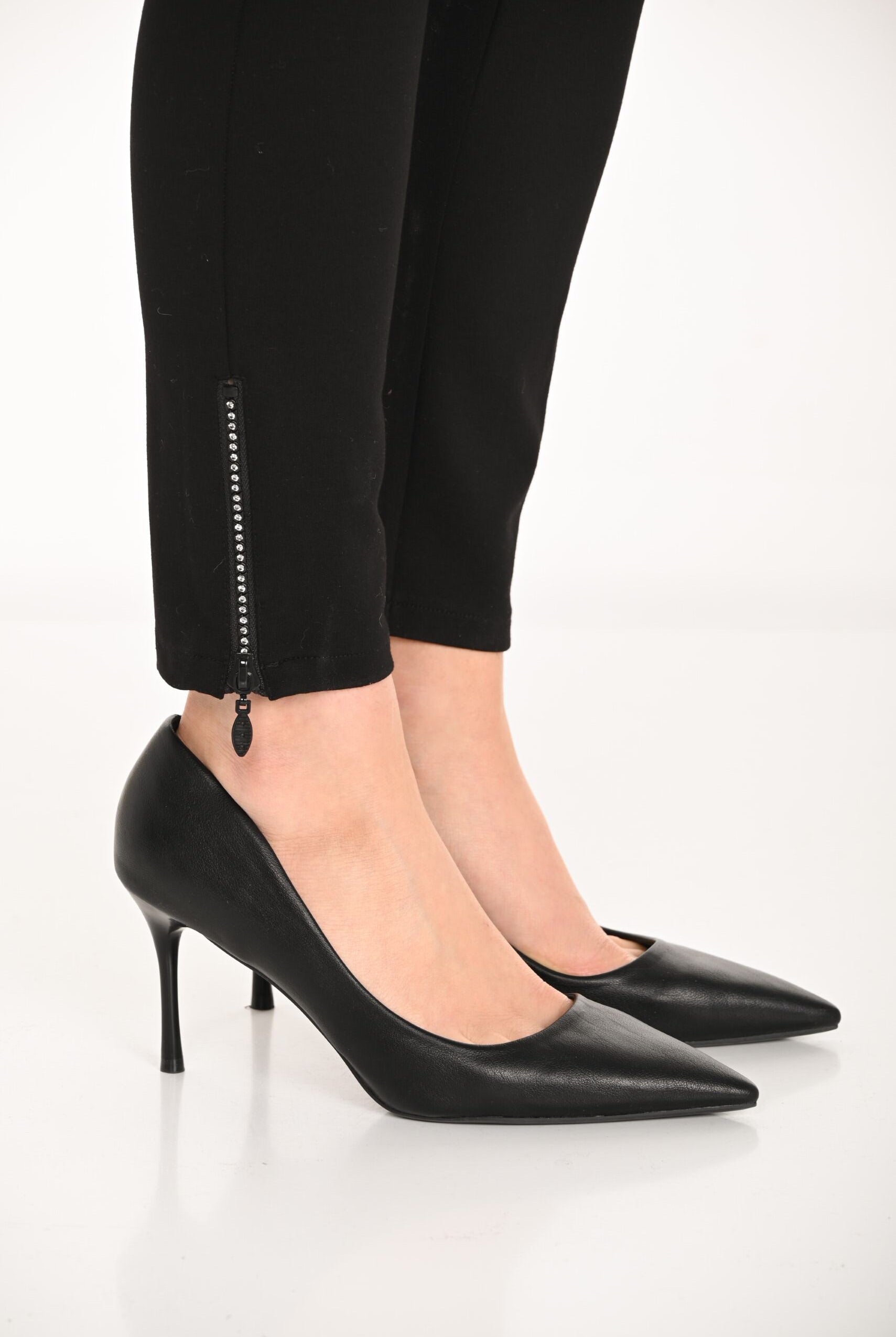 womens slim fit pant black with diamante zip details detail close up
