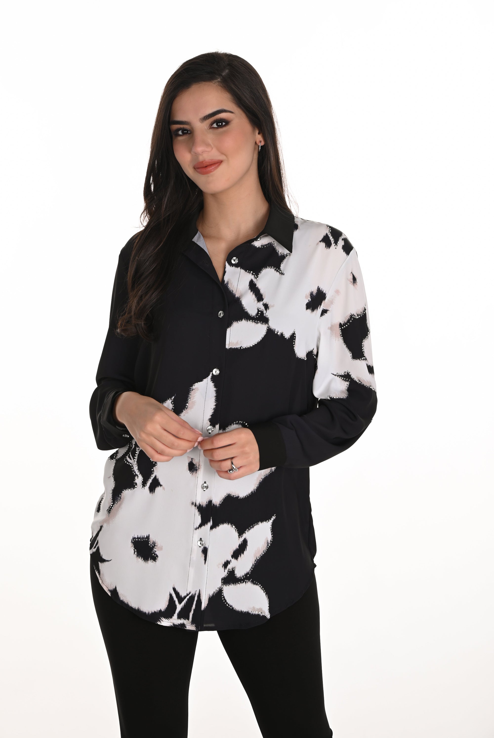 black and off white floral shirt with diamantes worn by model