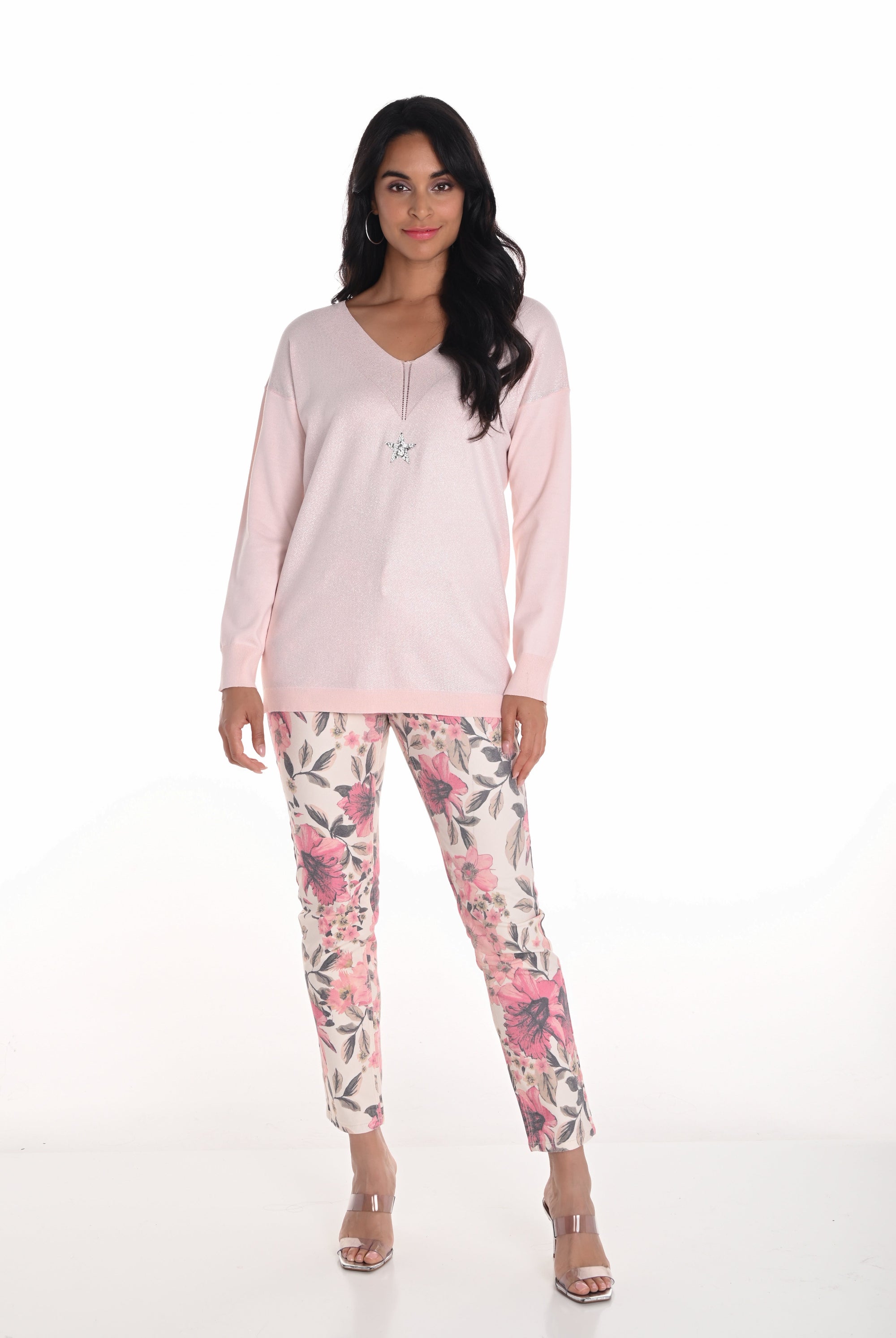 womens slim fit jean off white pink floral print worn by model