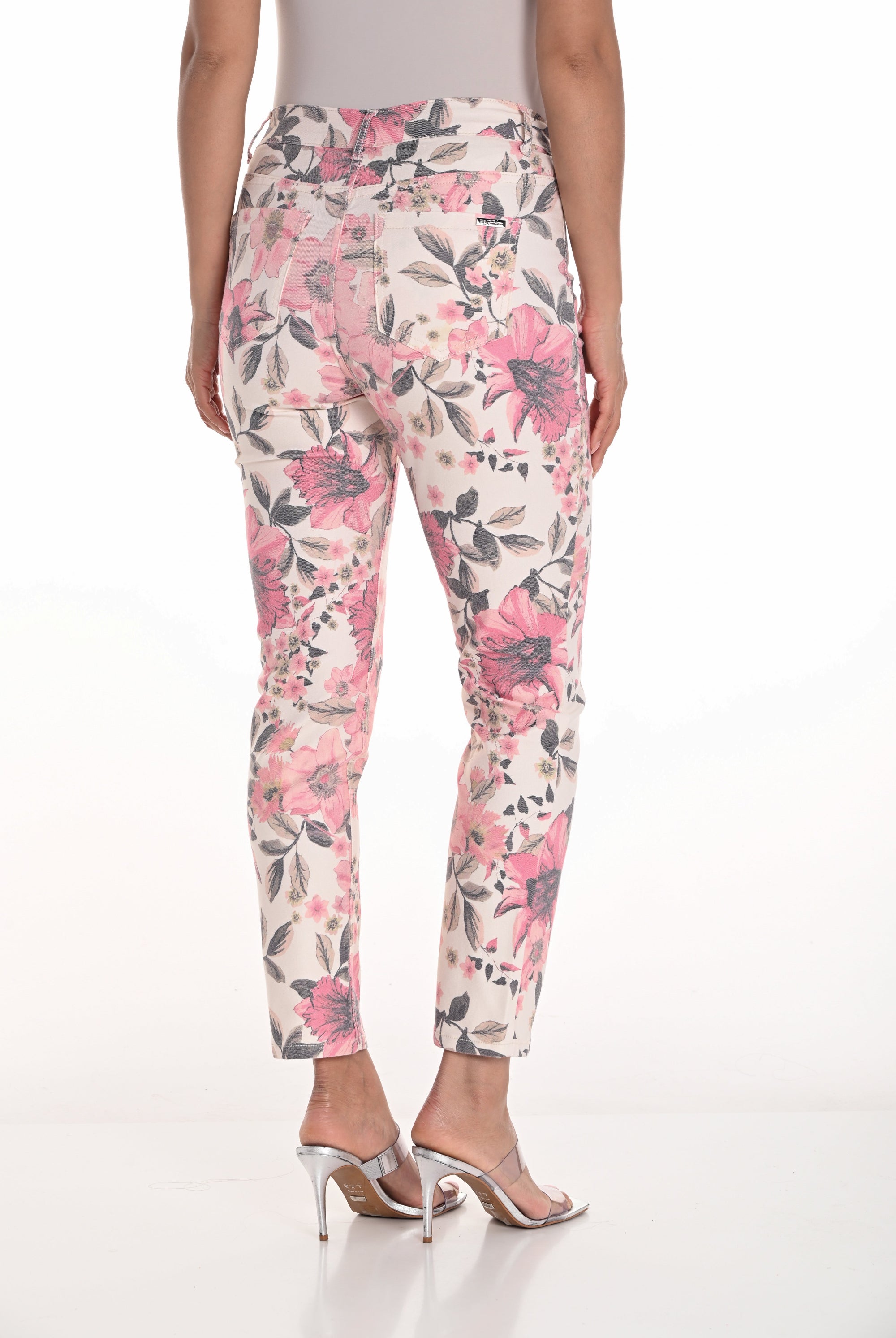 womens slim fit jean off white pink floral print worn by model back view