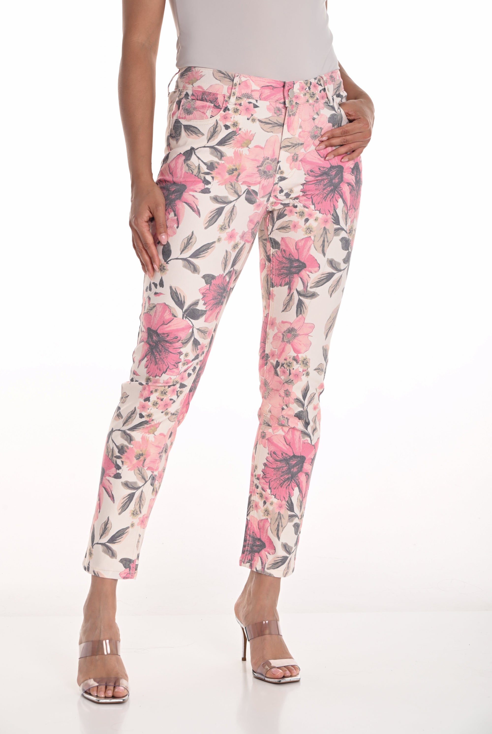 womens slim fit jean off white pink floral print worn by model