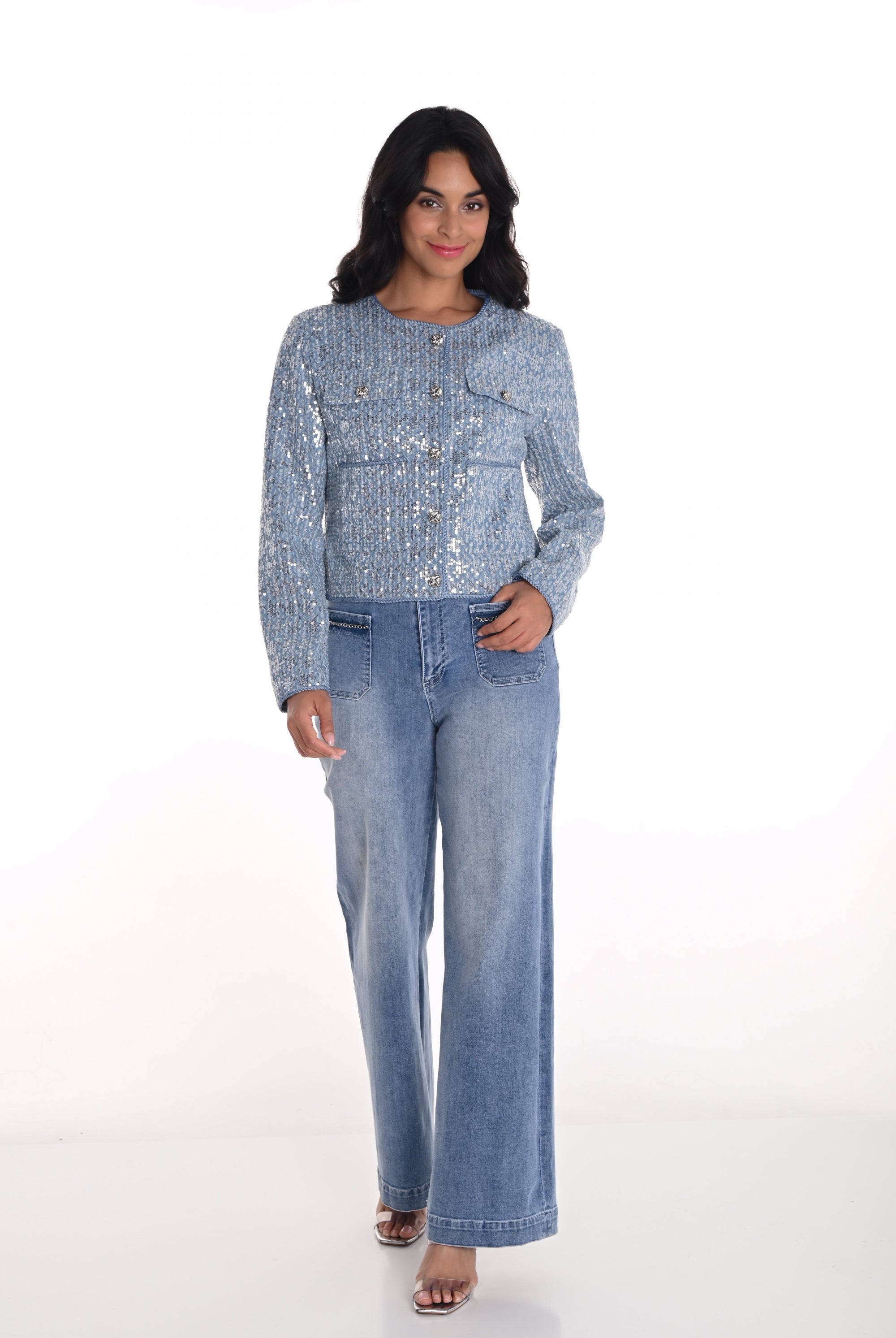 womens wide leg mid blue jeans with chain pocket detail