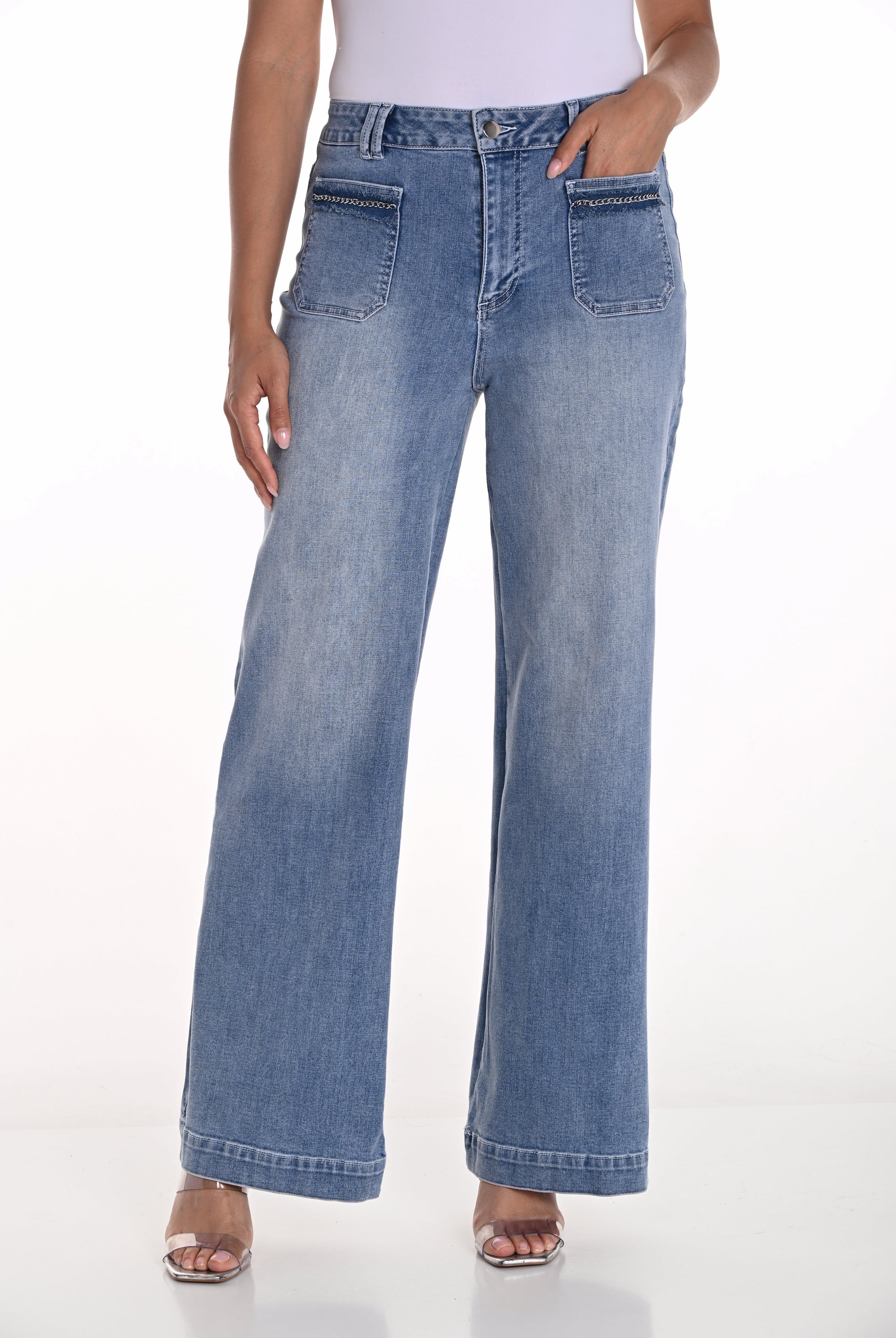 womens wide leg mid blue jeans with chain pocket detail