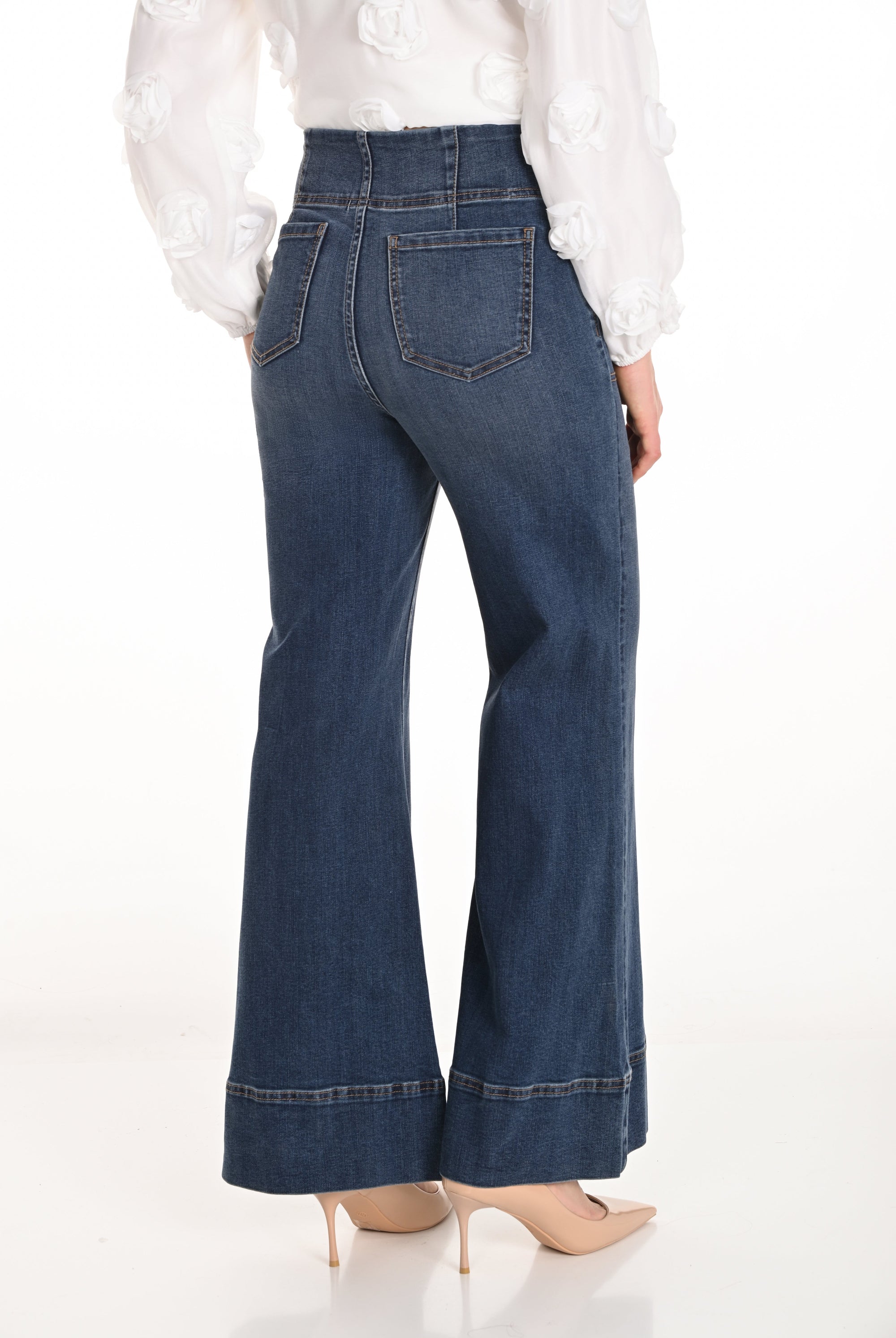 pull on jean flare pant worn by model back view