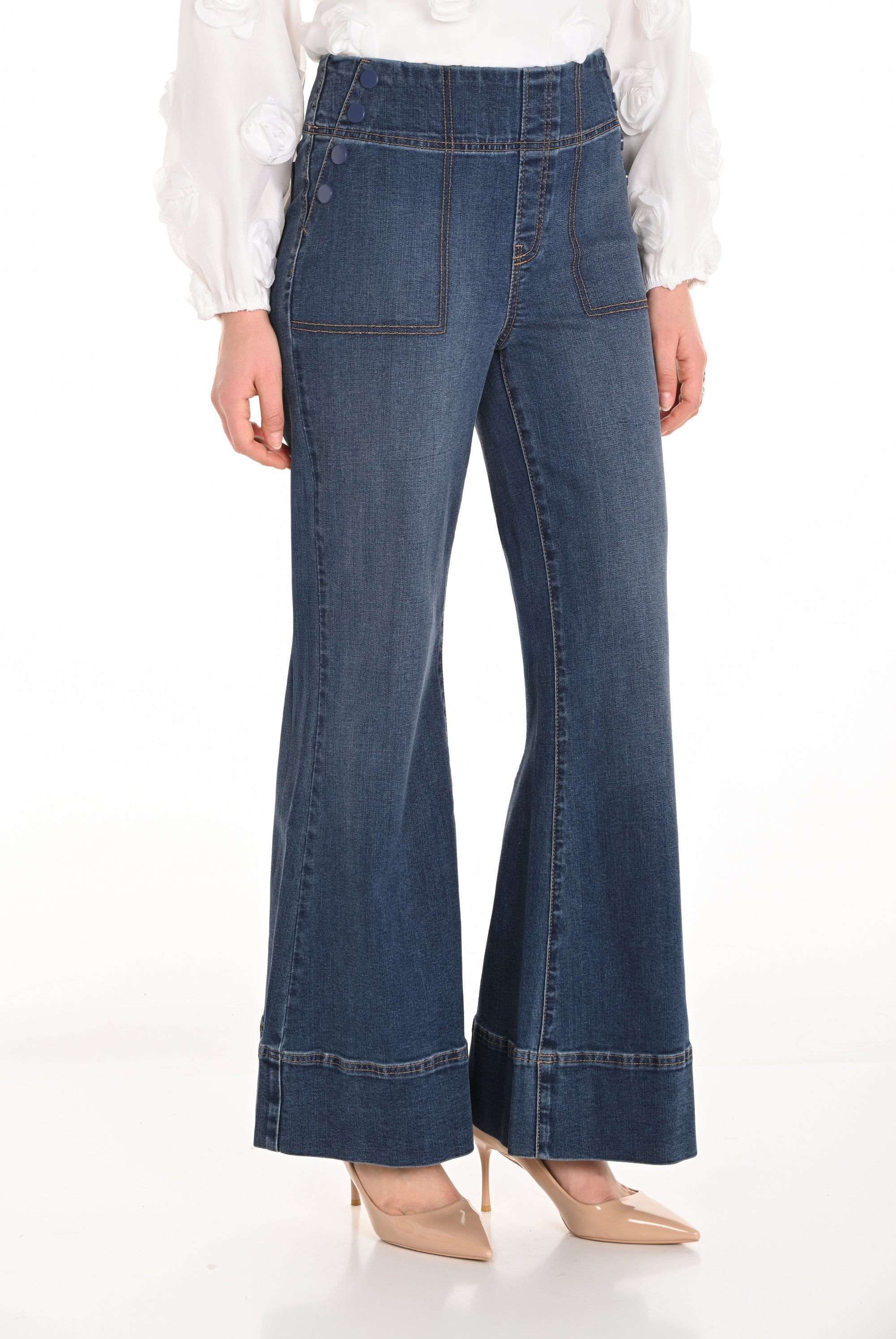 pull on jean flare pant worn by model