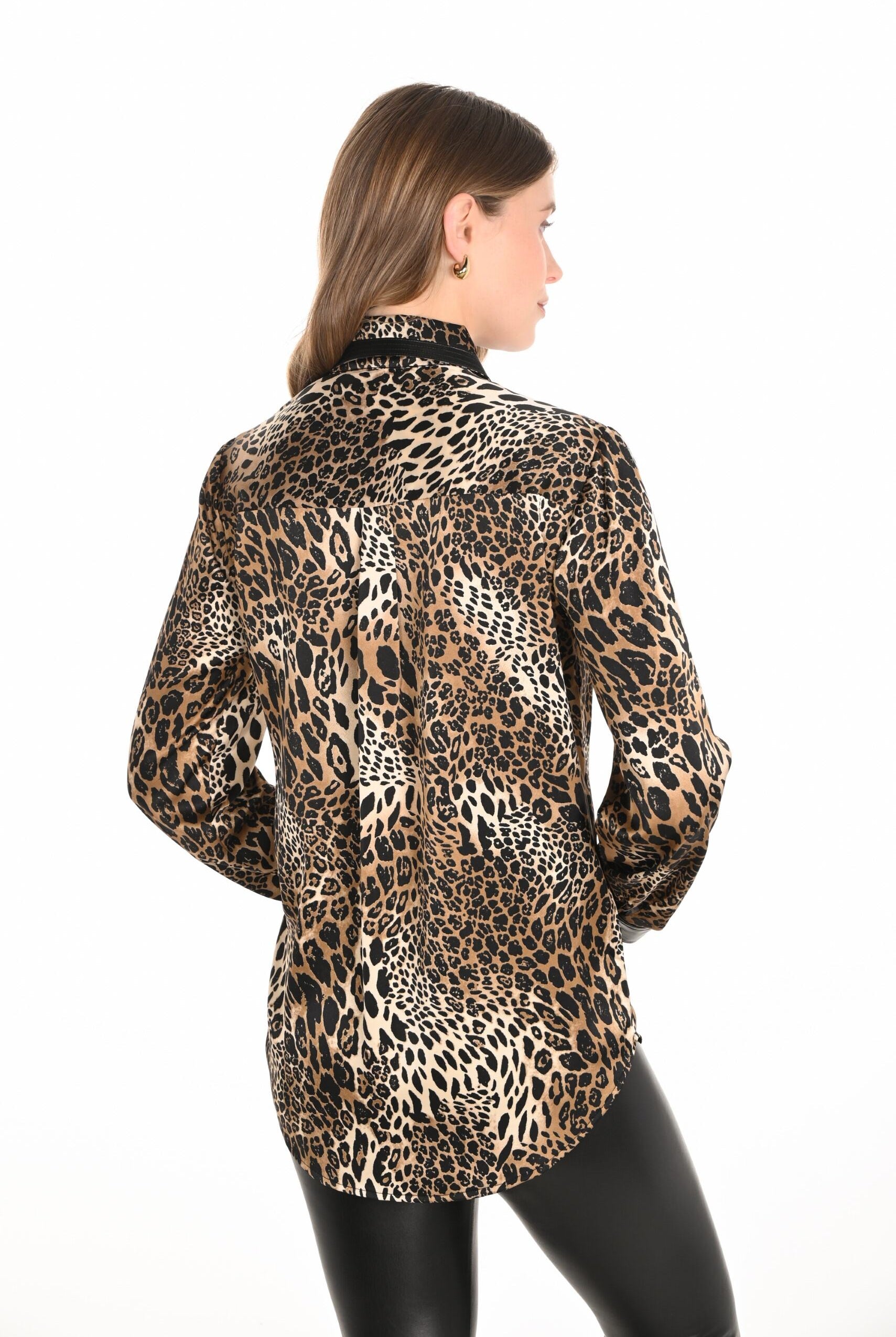 womens long sleeve leopard print shirt with faux leather trims back view