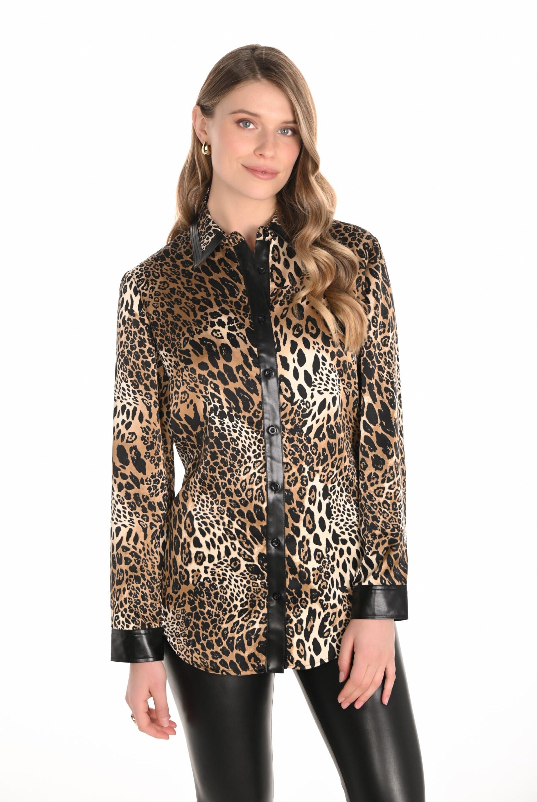 womens long sleeve leopard print shirt with faux leather trims