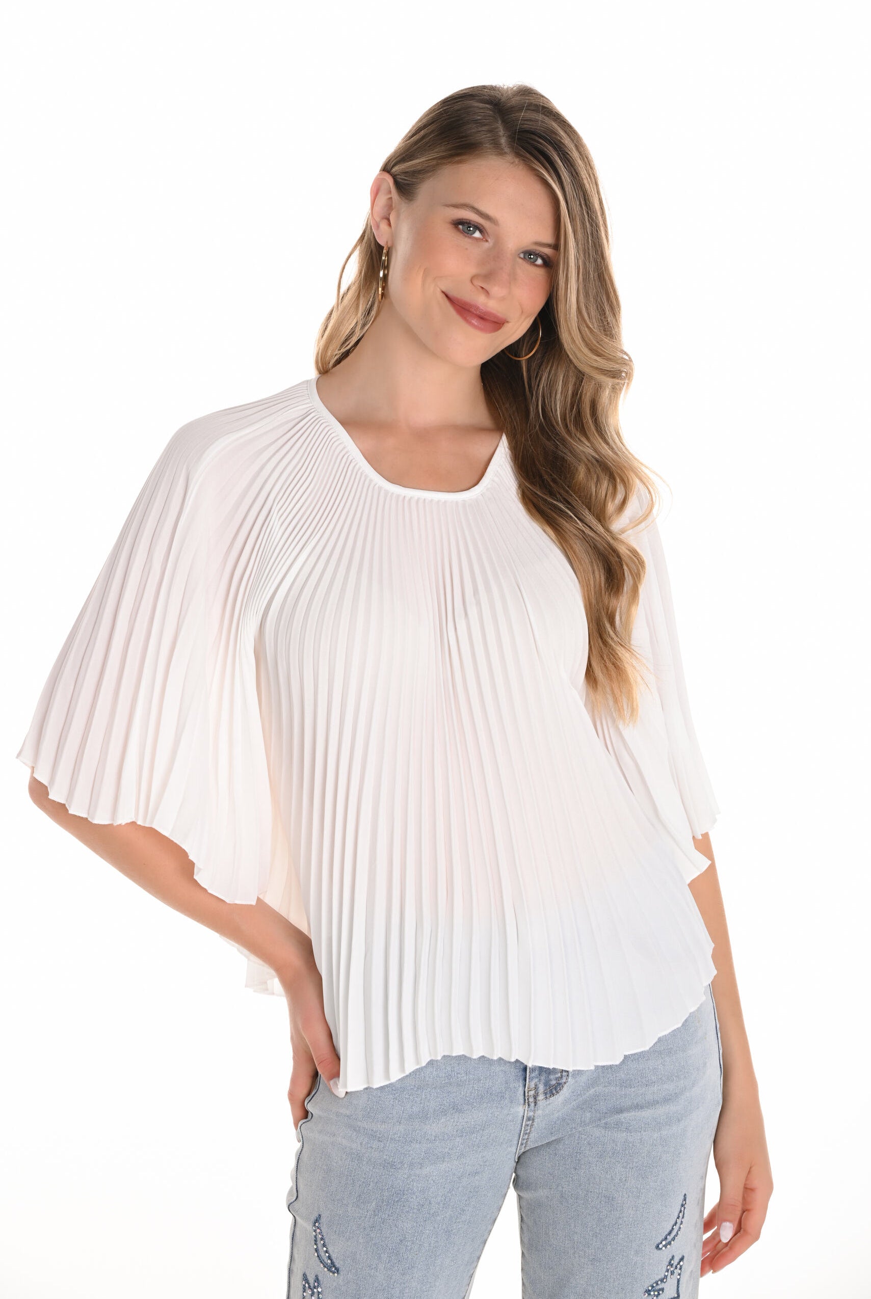 womens white pleated blouse worn by model