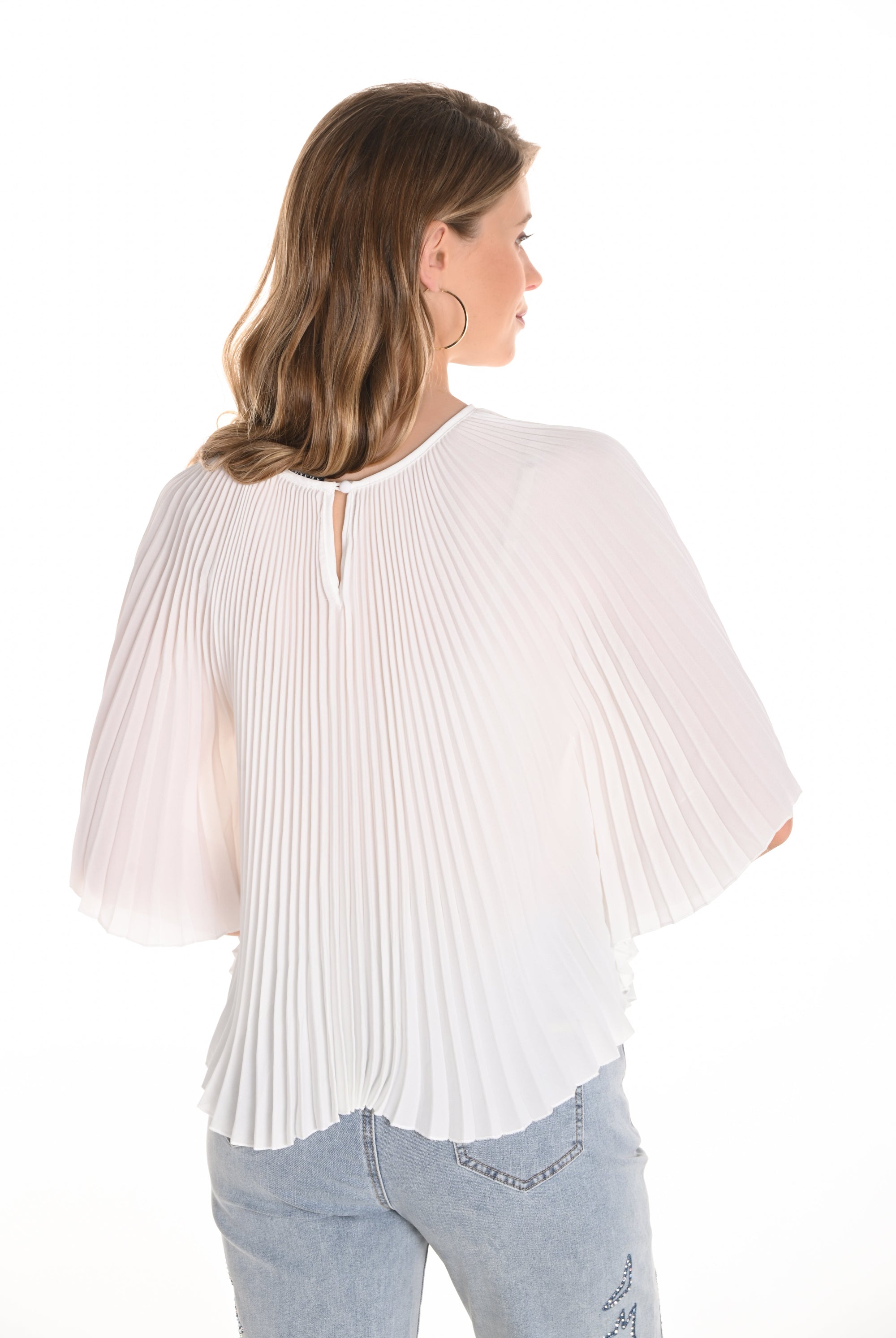womens white pleated blouse worn by model