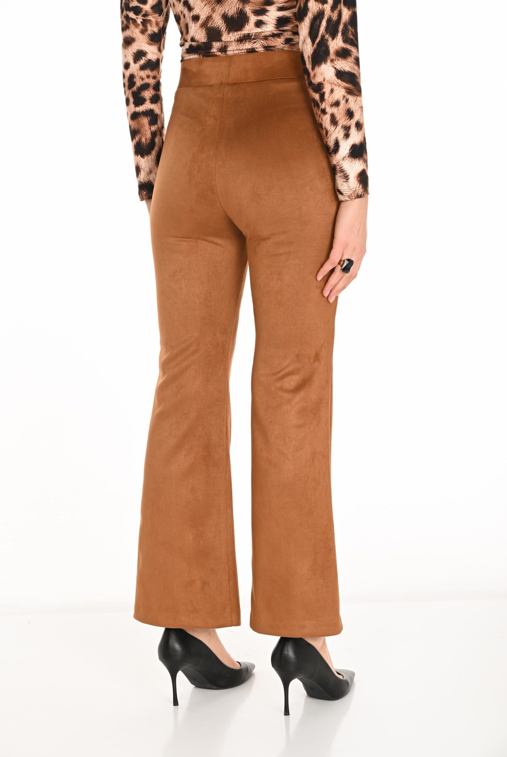 womens fit and flare cognac suede flare pants worn by model back view