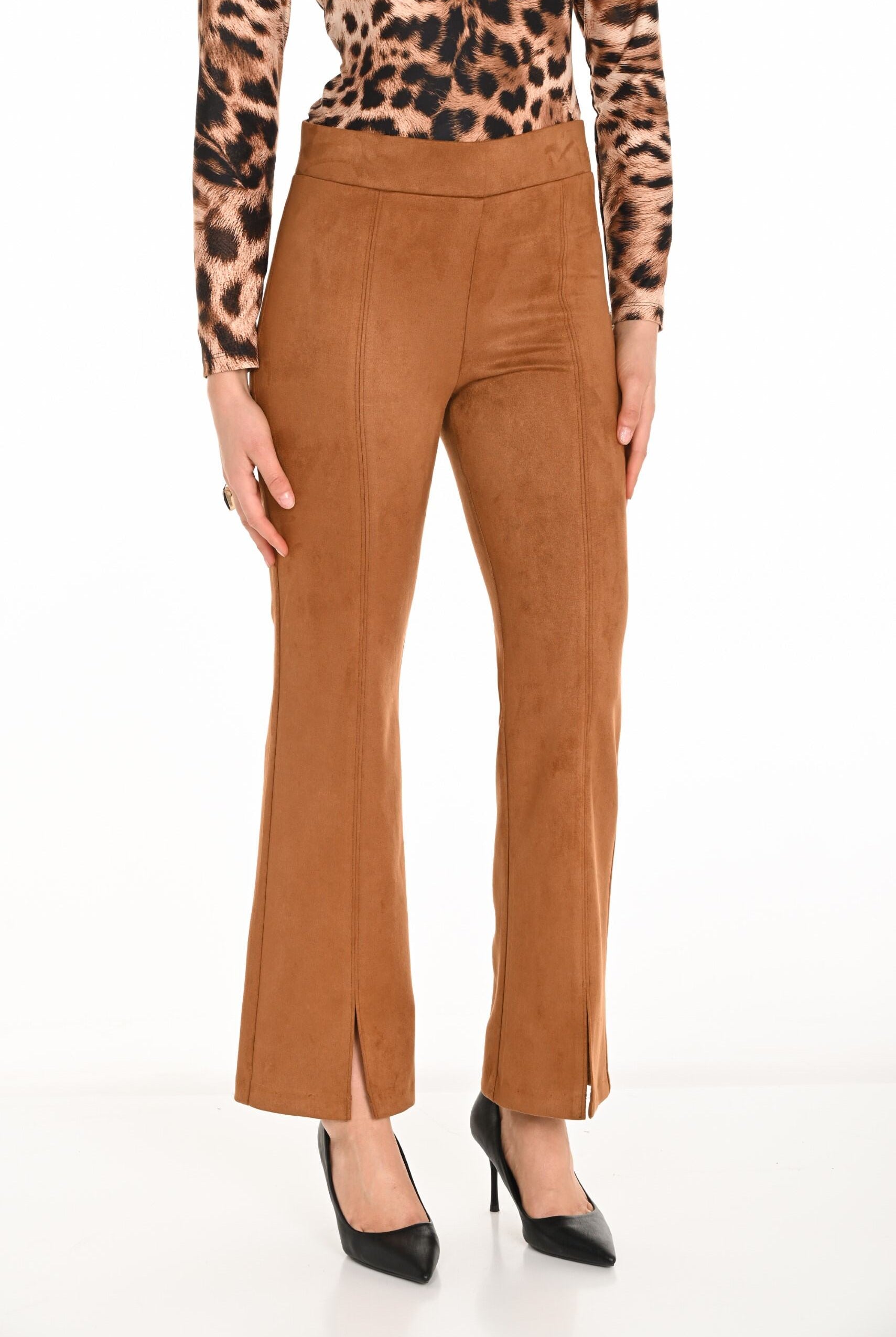 womens fit and flare cognac suede flare pants worn by model