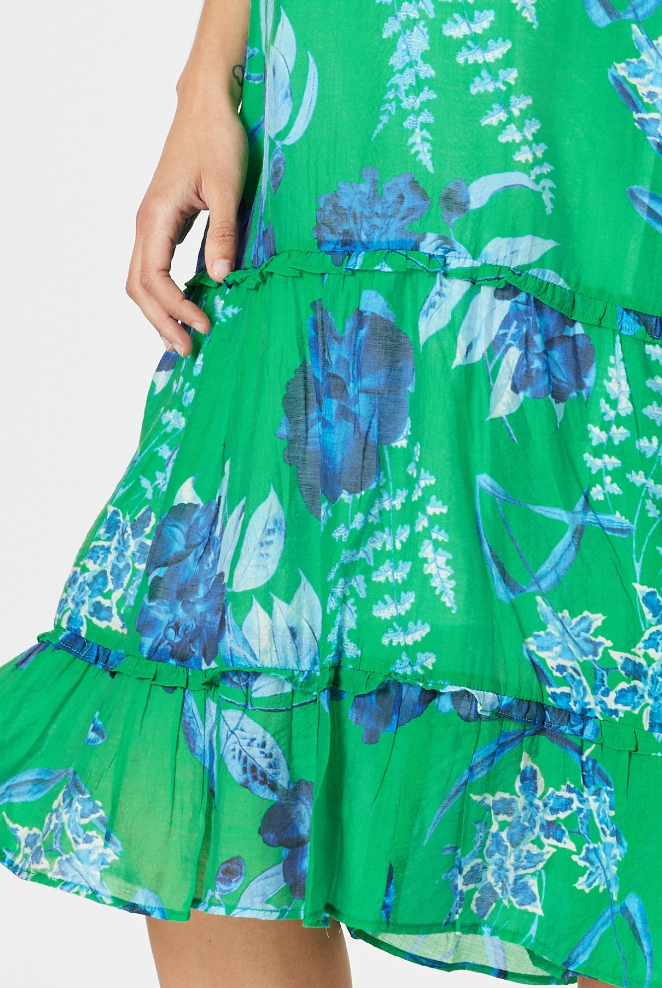 womens midi dress with soft pleating v neckline in green and blue floral print bottom detail