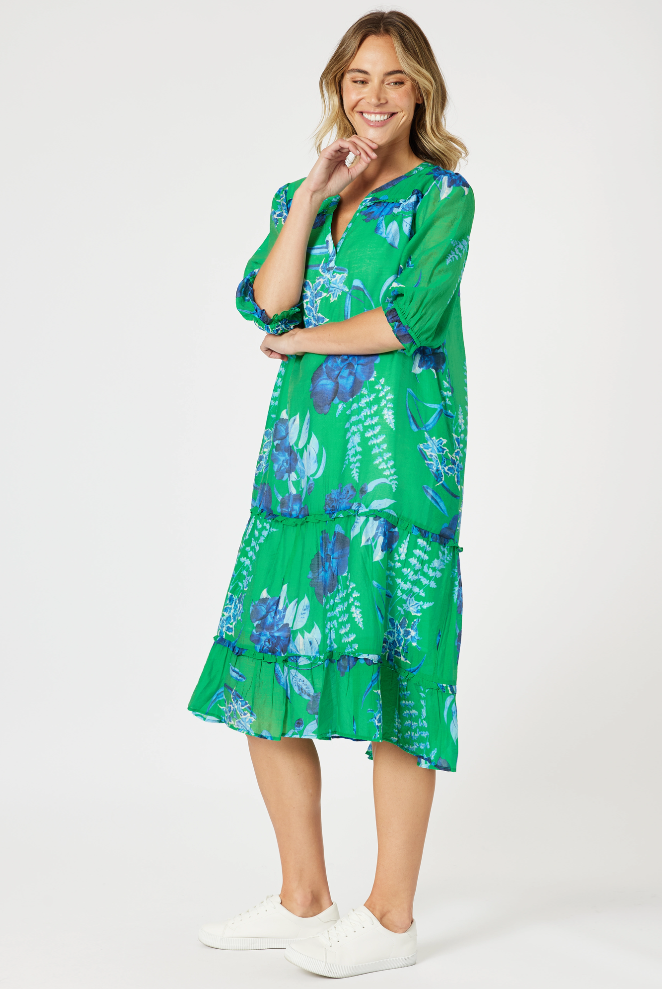 womens midi dress with soft pleating v neckline in green and blue floral print