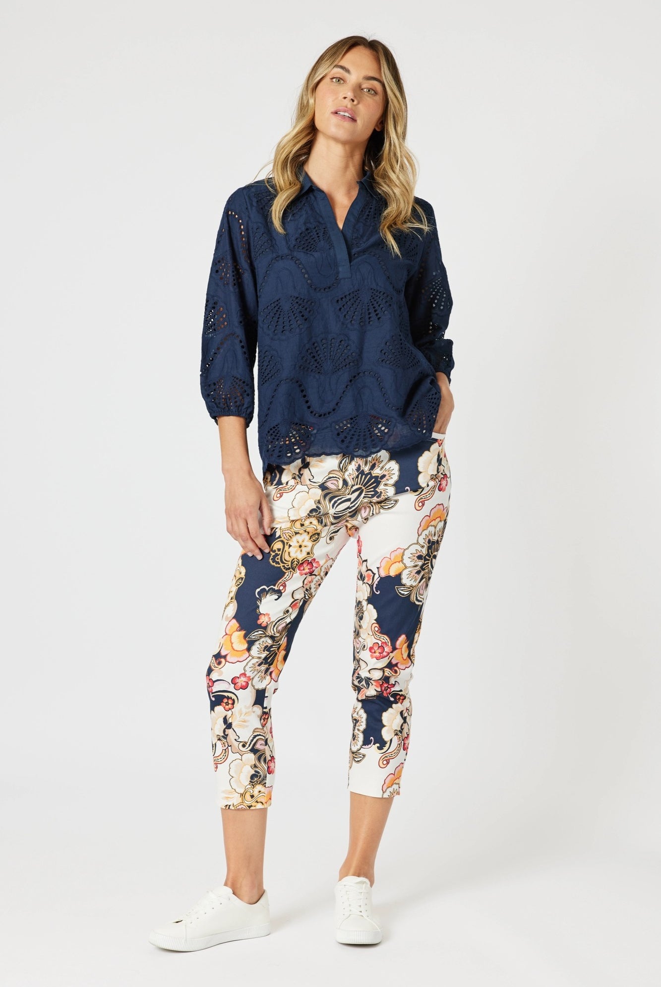 womens cropped navy multi print pant worn by model