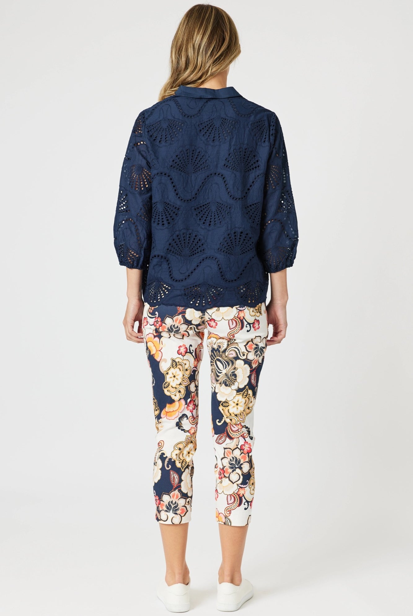 womens cropped navy multi print pant worn by model back view