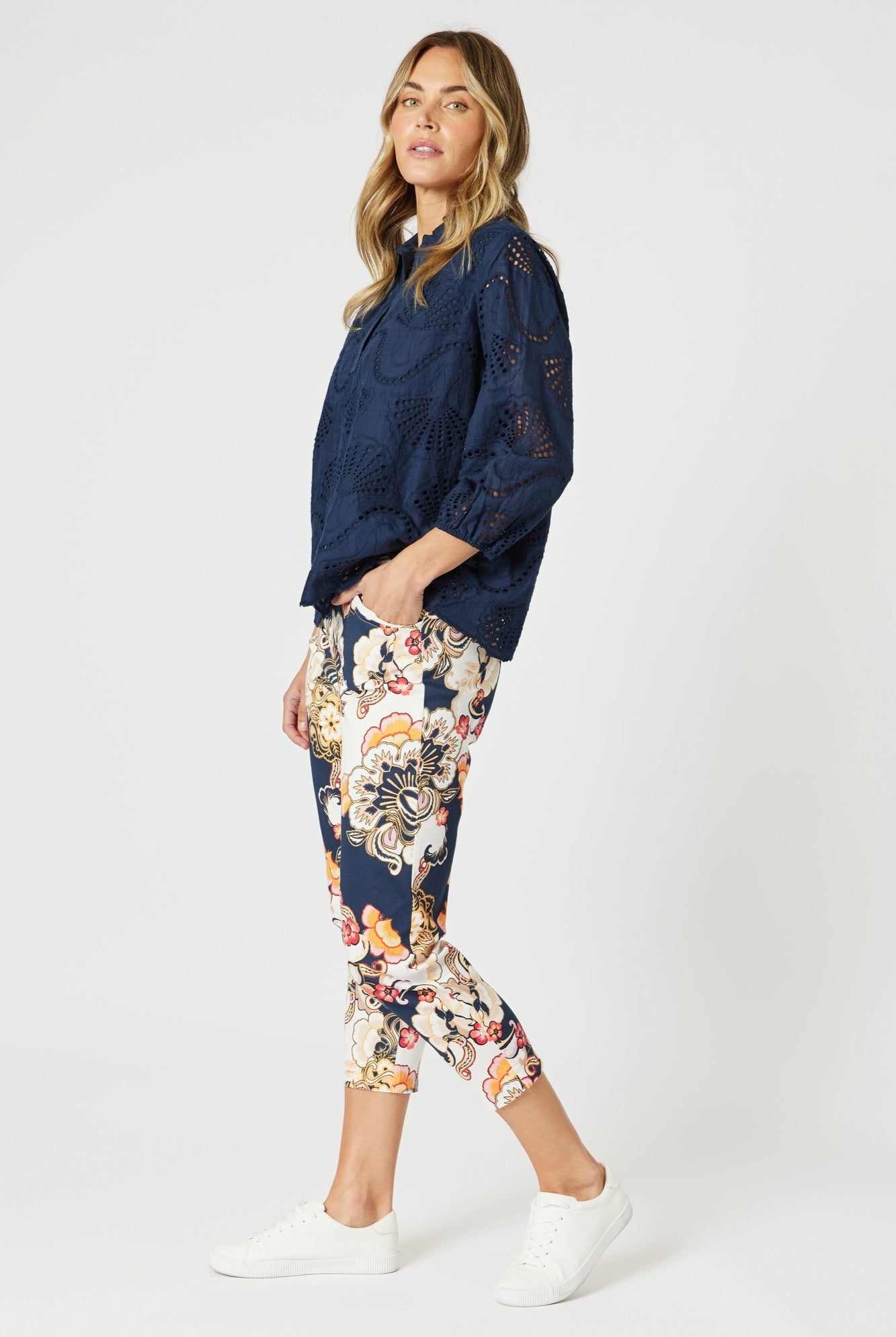 womens cropped navy multi print pant worn by model side view