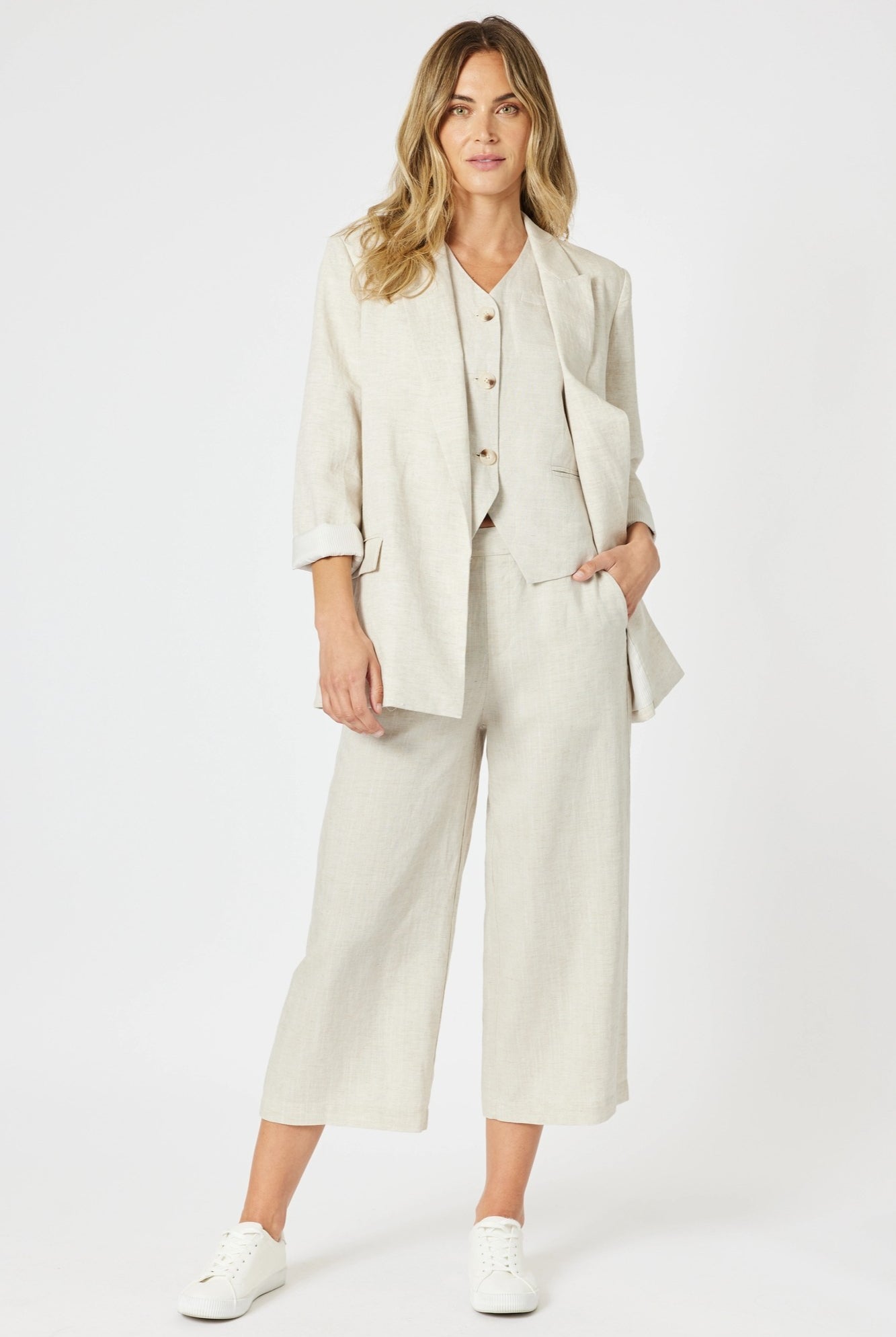 womens relaxed classic blazer in natural stone worn by model