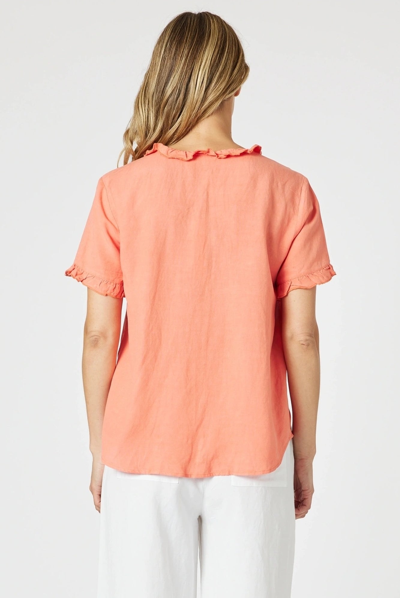 womens v neck ruffle trim detail tee in papaya back view