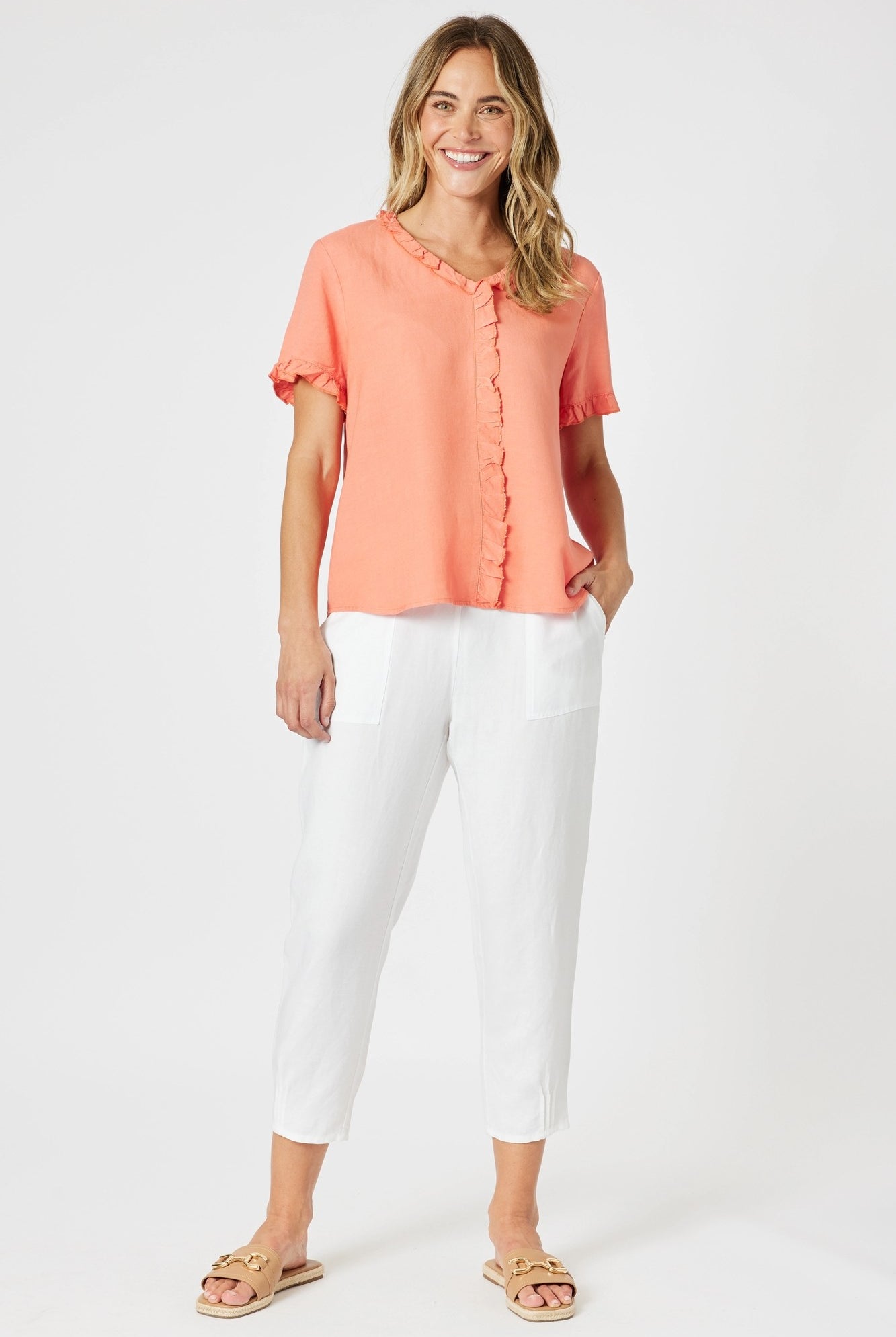 womens v neck ruffle trim detail tee in papaya