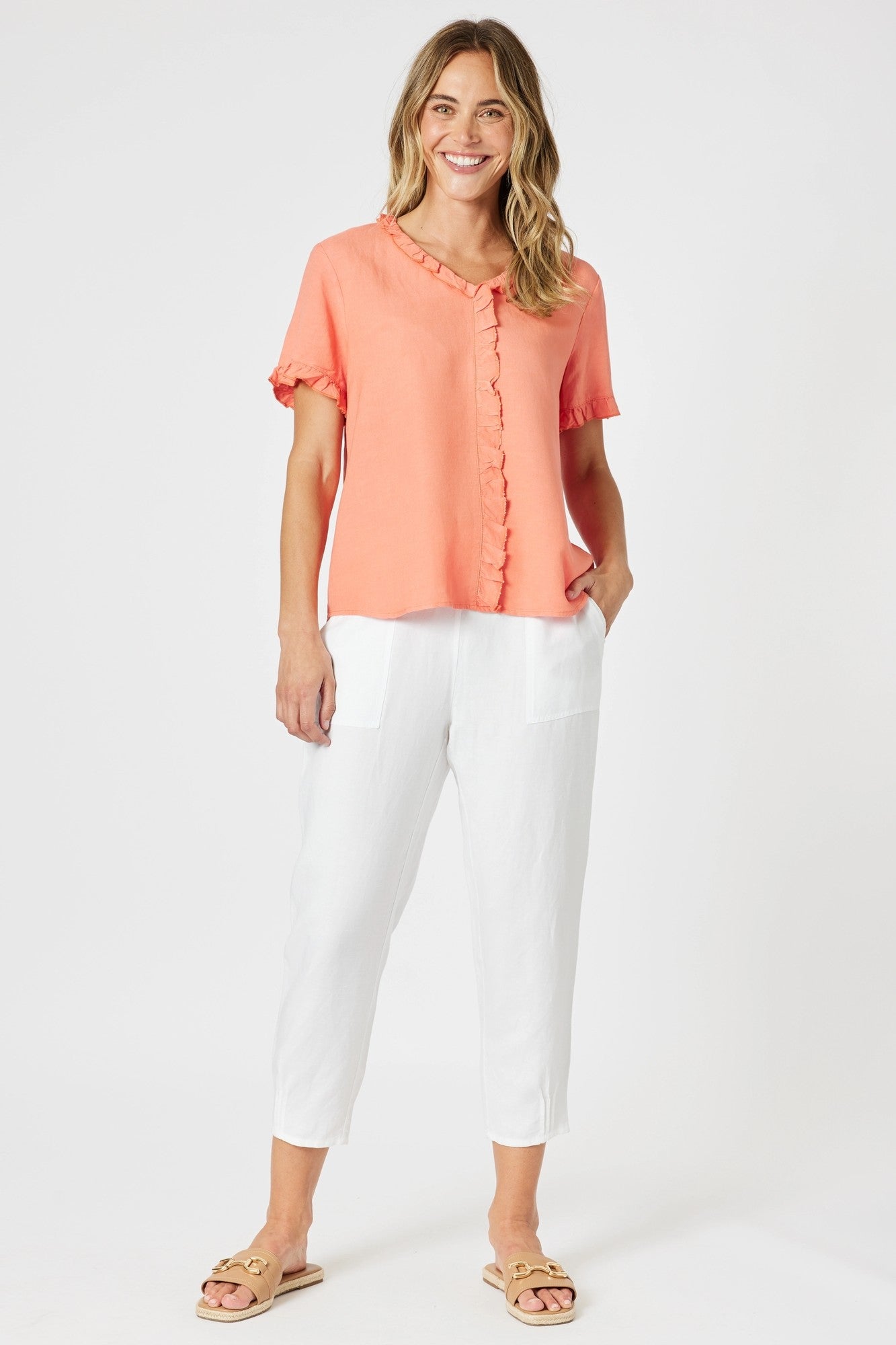 womens v neck ruffle trim detail tee in papaya