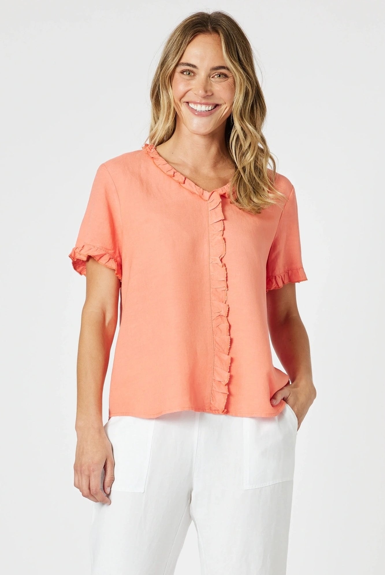 womens v neck ruffle trim detail tee in papaya