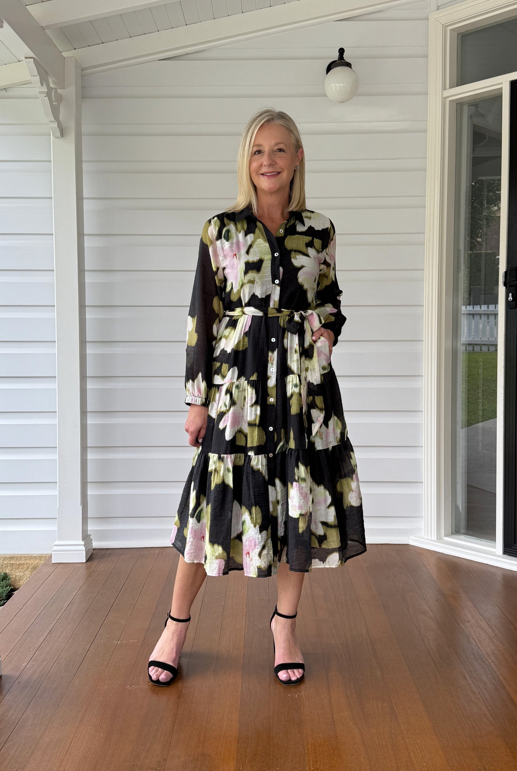 womens midi floral print dress black multi