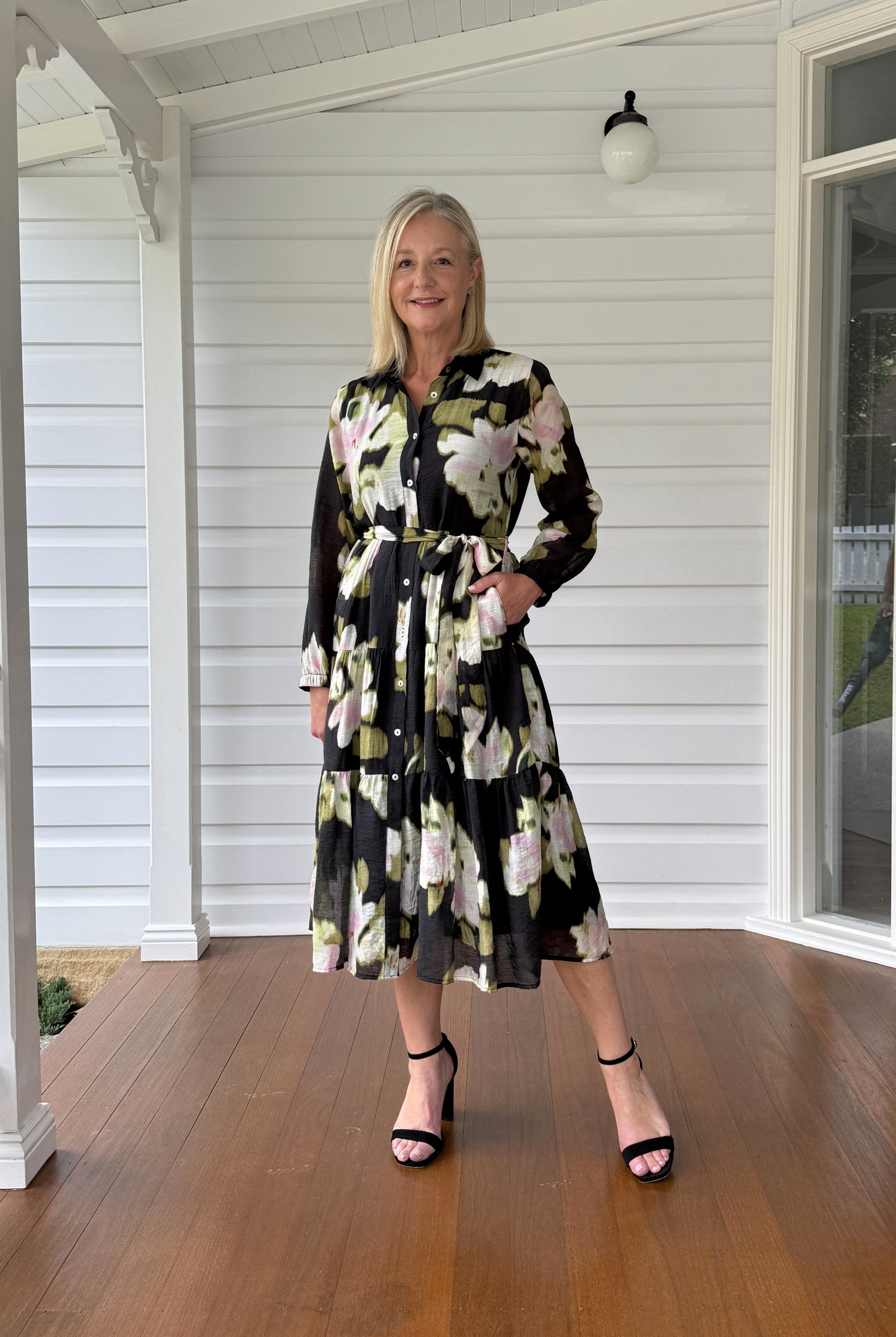 womens midi floral print dress black multi